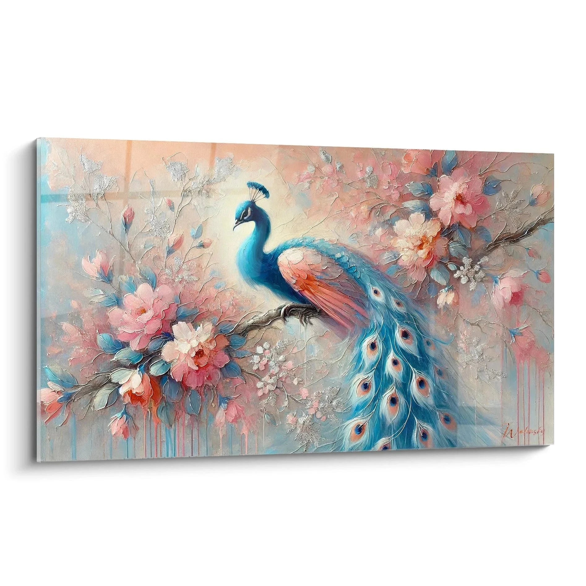 Wandbild Pfau mit rosa Kirschblüten in blau-rosa Farbtönen, impressionistische Malerei für Wohnzimmer