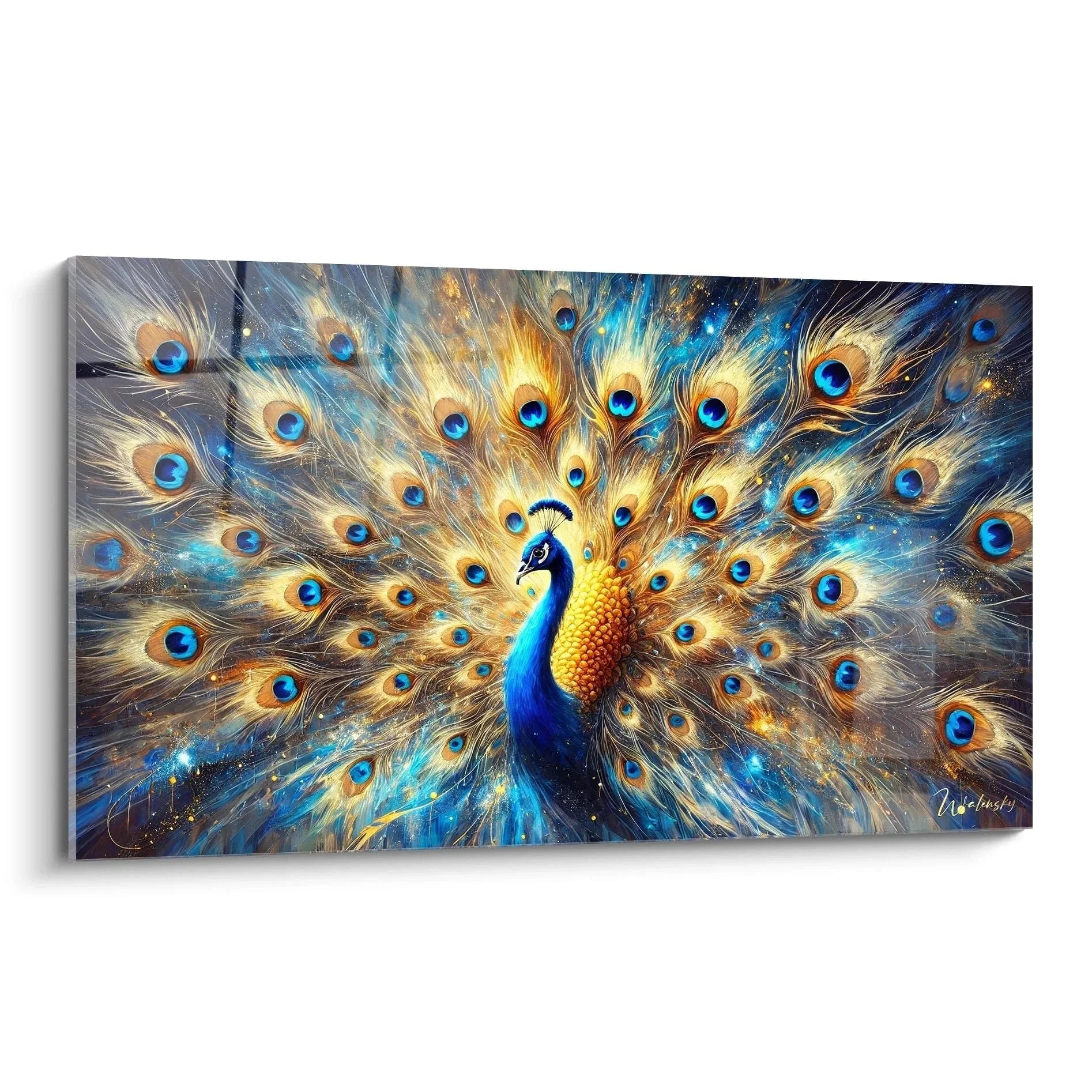 Wandbild Pfau mit kosmischen Farben und aufgefächertem Schwanz in Blau Gold Orange Tönen
