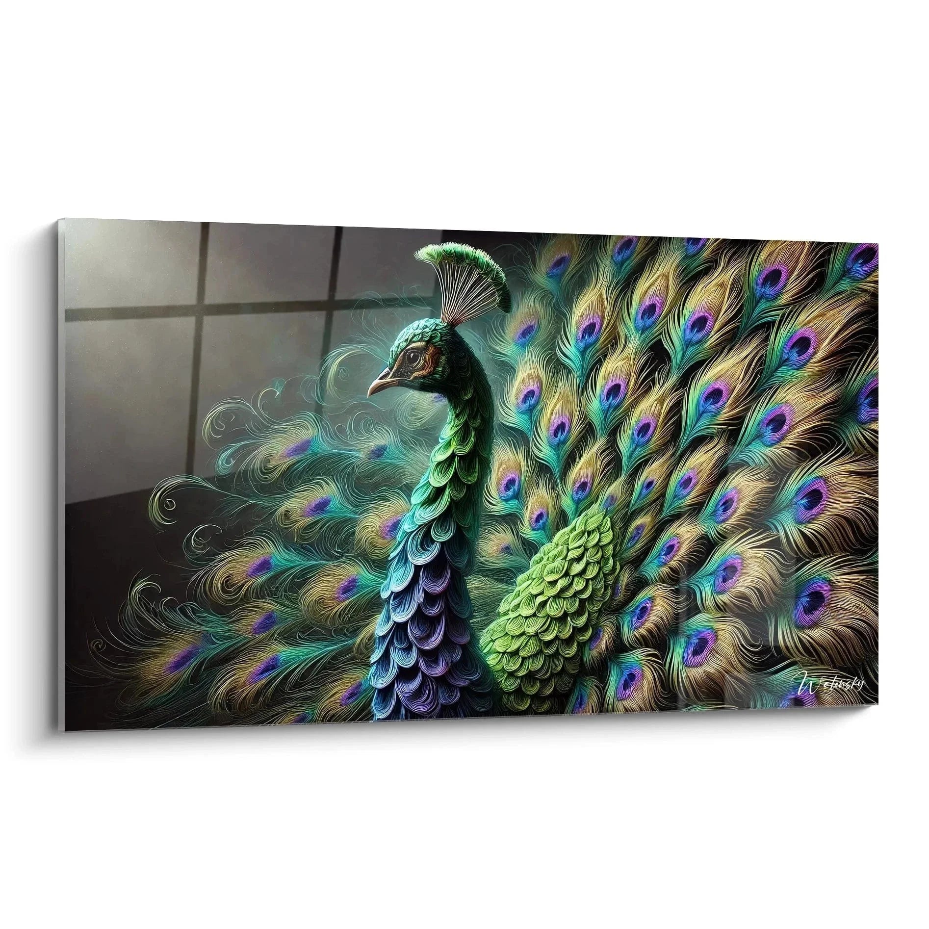 Wandbild Pfau mit prächtigen ausgebreiteten Federn in schimmernden Grün- und Blautönen
