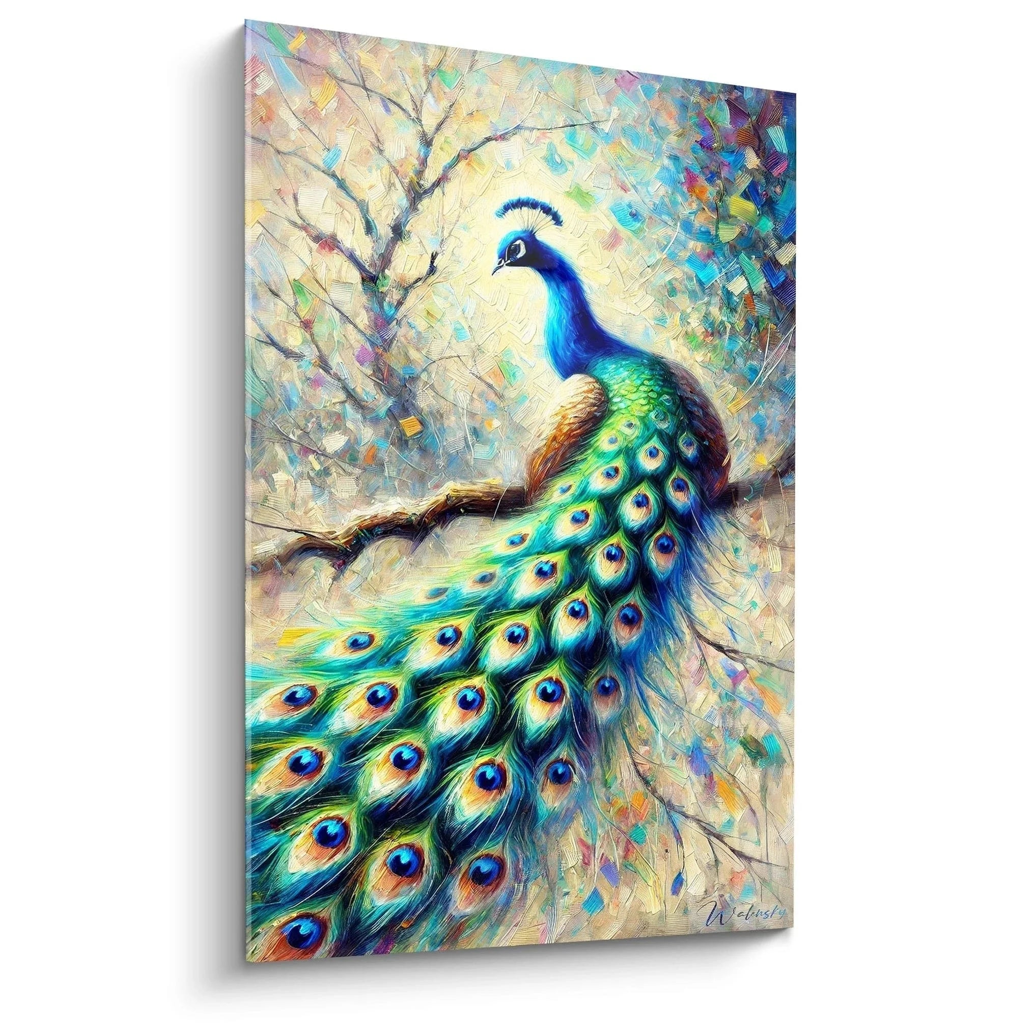 Wandbild Pfau XXL - Majestätischer blauer Paradiesvogel mit prächtigen Federn auf Ast sitzend, Kunstdruck Leinwand