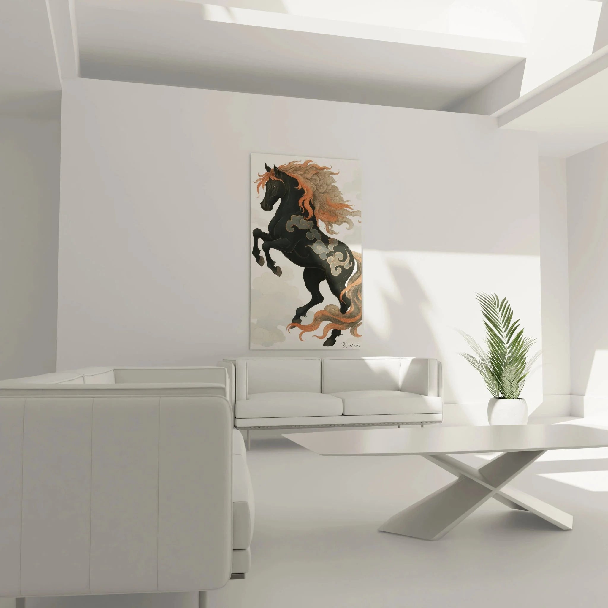 Detailansicht Wandbild Pferd: ornamentale Wolkenmuster und fließende Mähne in asiatischer Malkunst