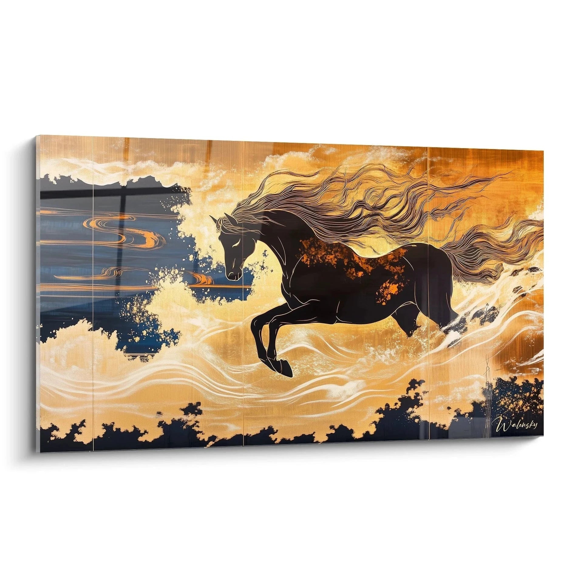 Wandbild schwarzes Pferd im Galopp mit goldener Mähne Edition Théodore Géricault