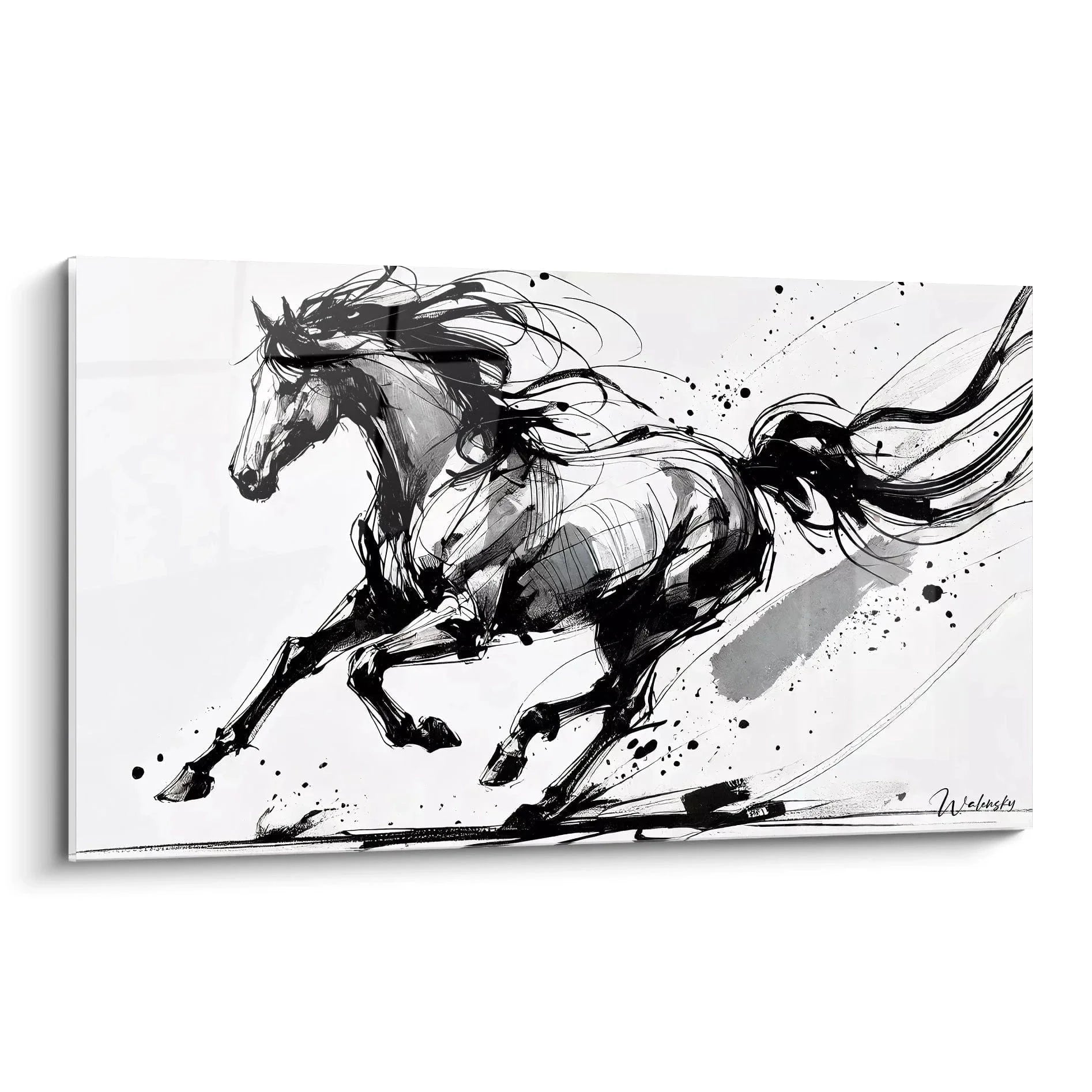 Wandbild Pferd galoppierend schwarz-weiß mit dynamischen Pinselstrichen und expressiver Bewegung