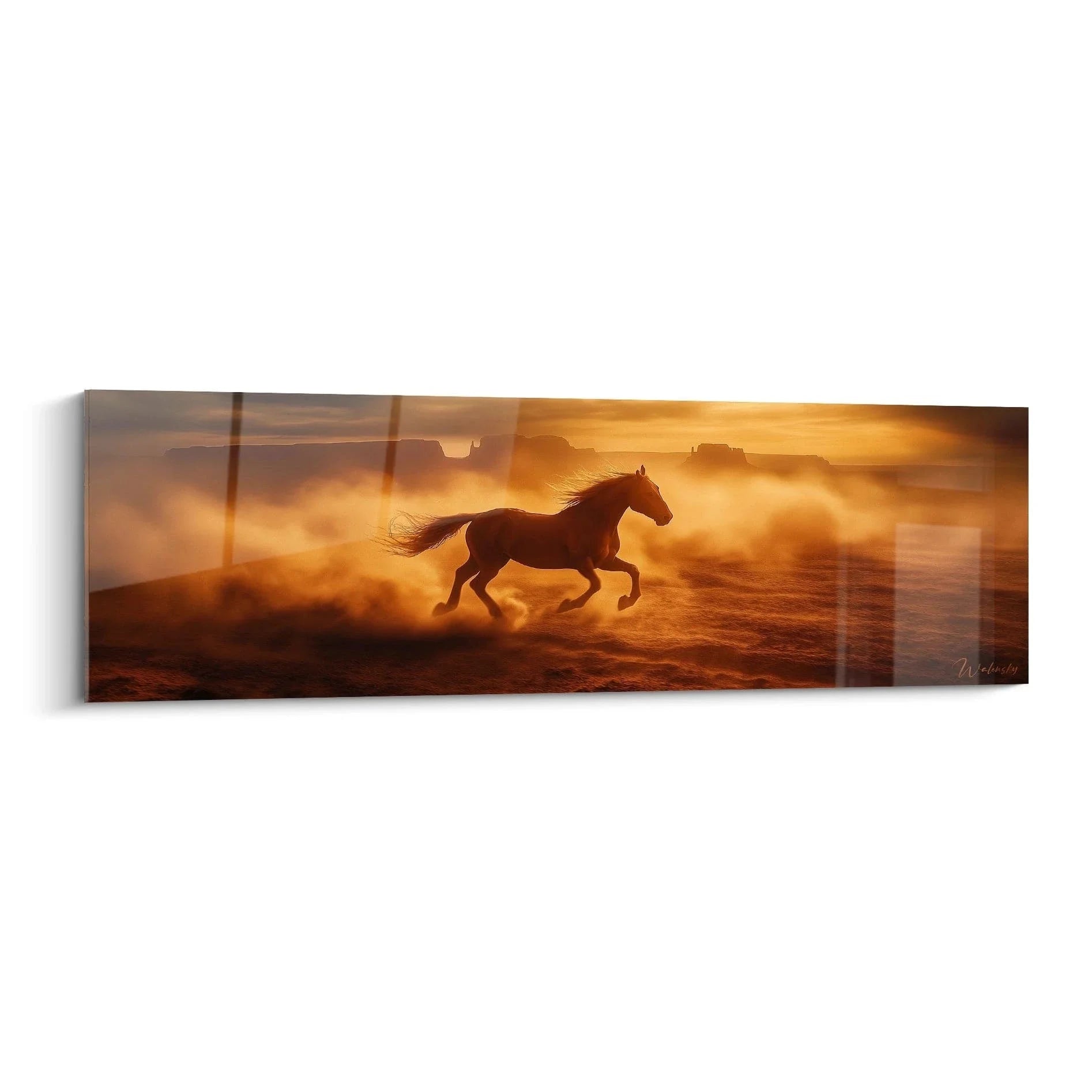 Wandbild Pferd galoppierend im goldenen Sonnenuntergang mit dramatischer Staubwolke in Wildnis Landschaft