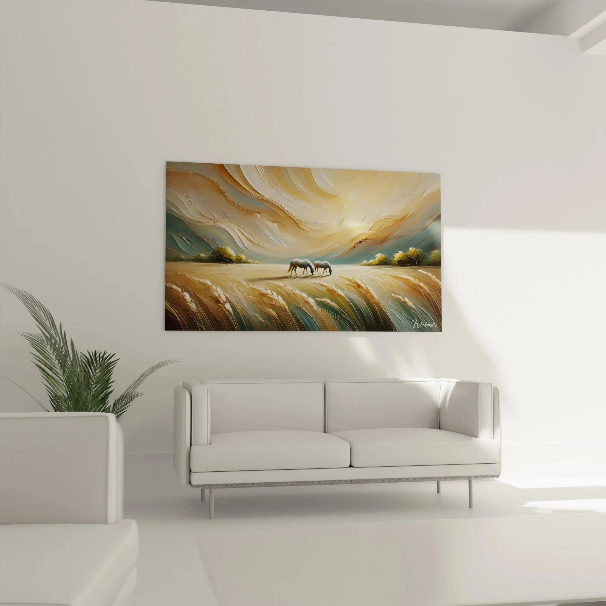 Detailansicht Wandbild Pferde - goldene Himmelstrukturen und Grashalme im Vordergrund