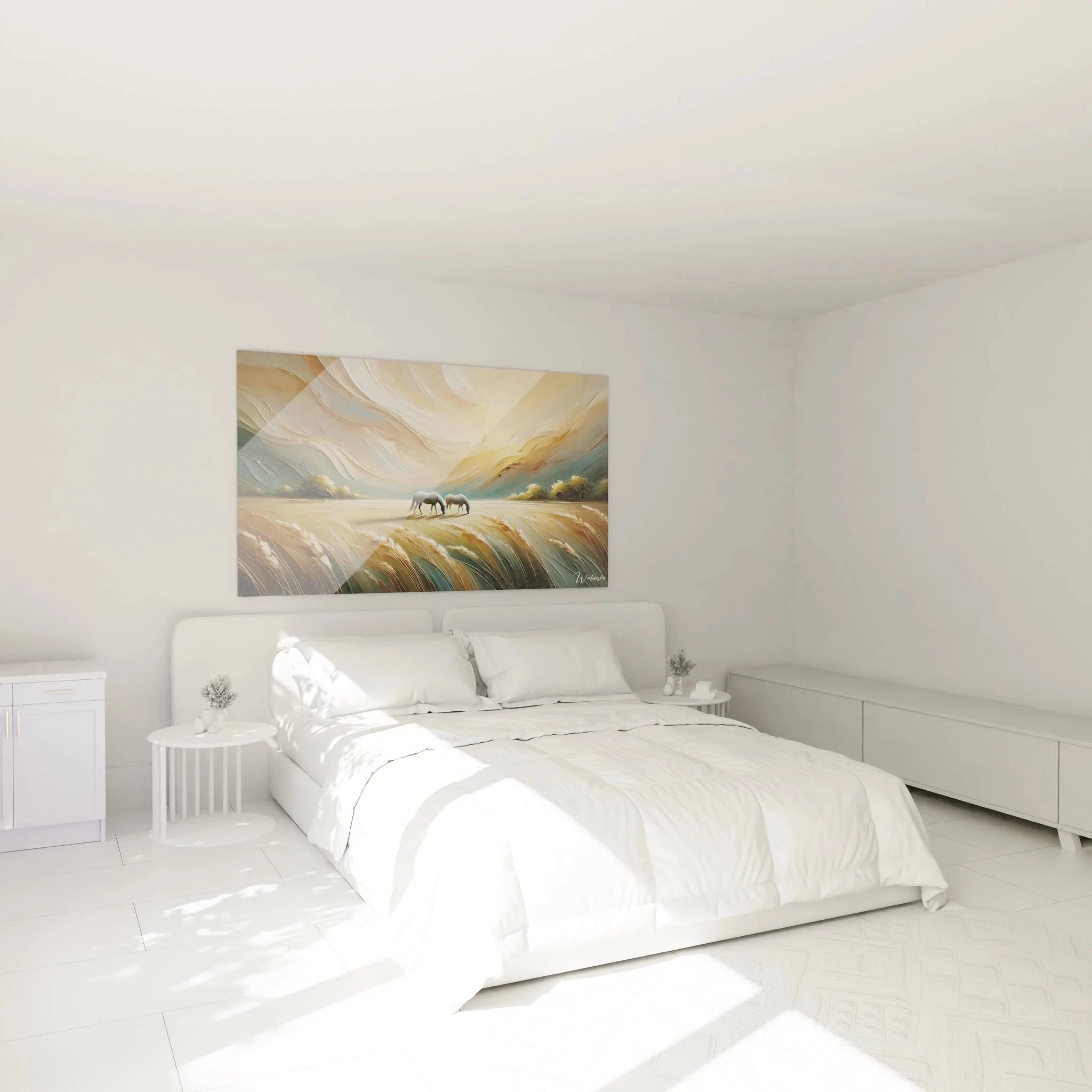 Wandbild Pferde im Schlafzimmer - goldene Landschaft als Wanddekoration über dem Bett