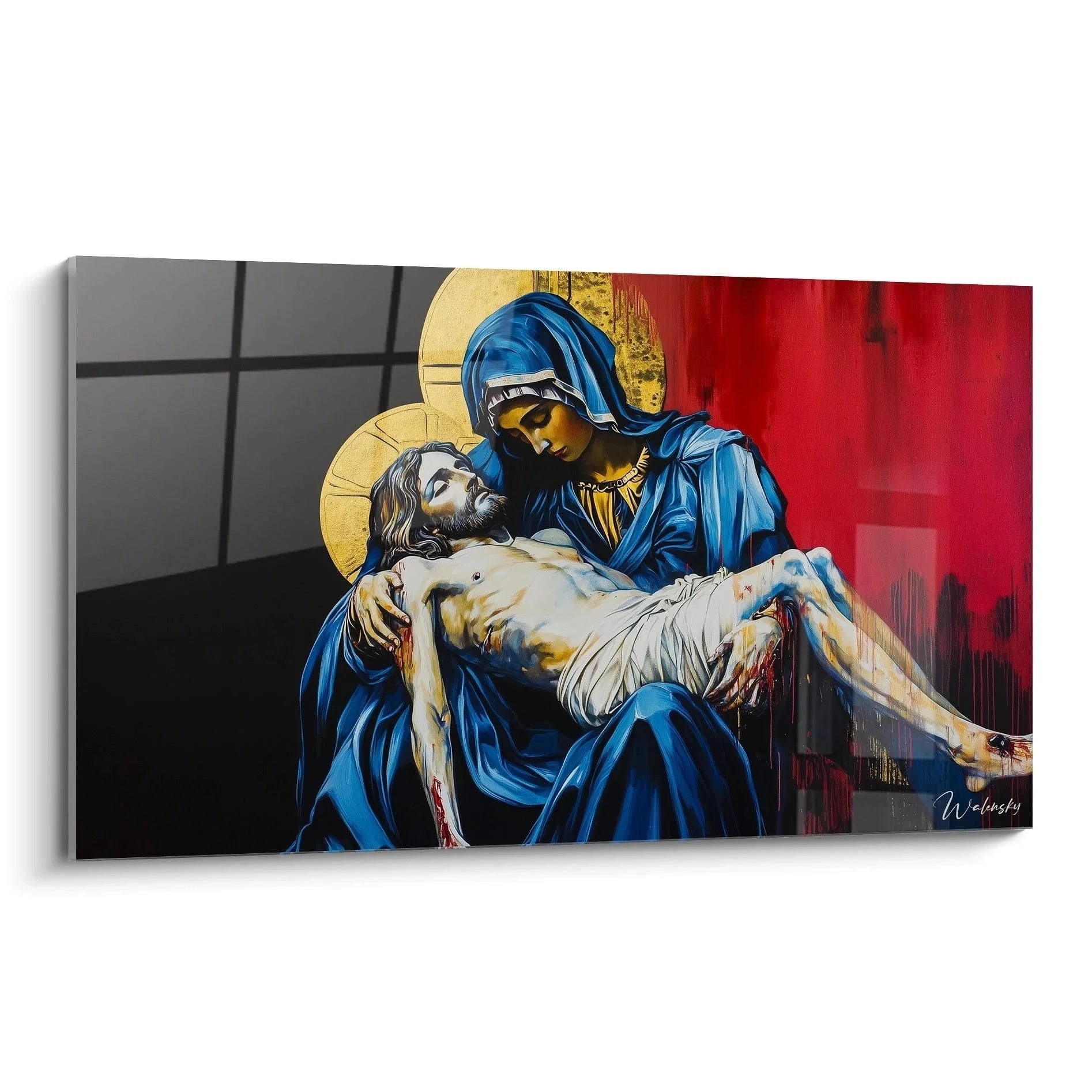 Wandbild Pietà Michelangelo Stil mit Mutter und Sohn in blauem Gewand und goldenen Heiligenscheinen