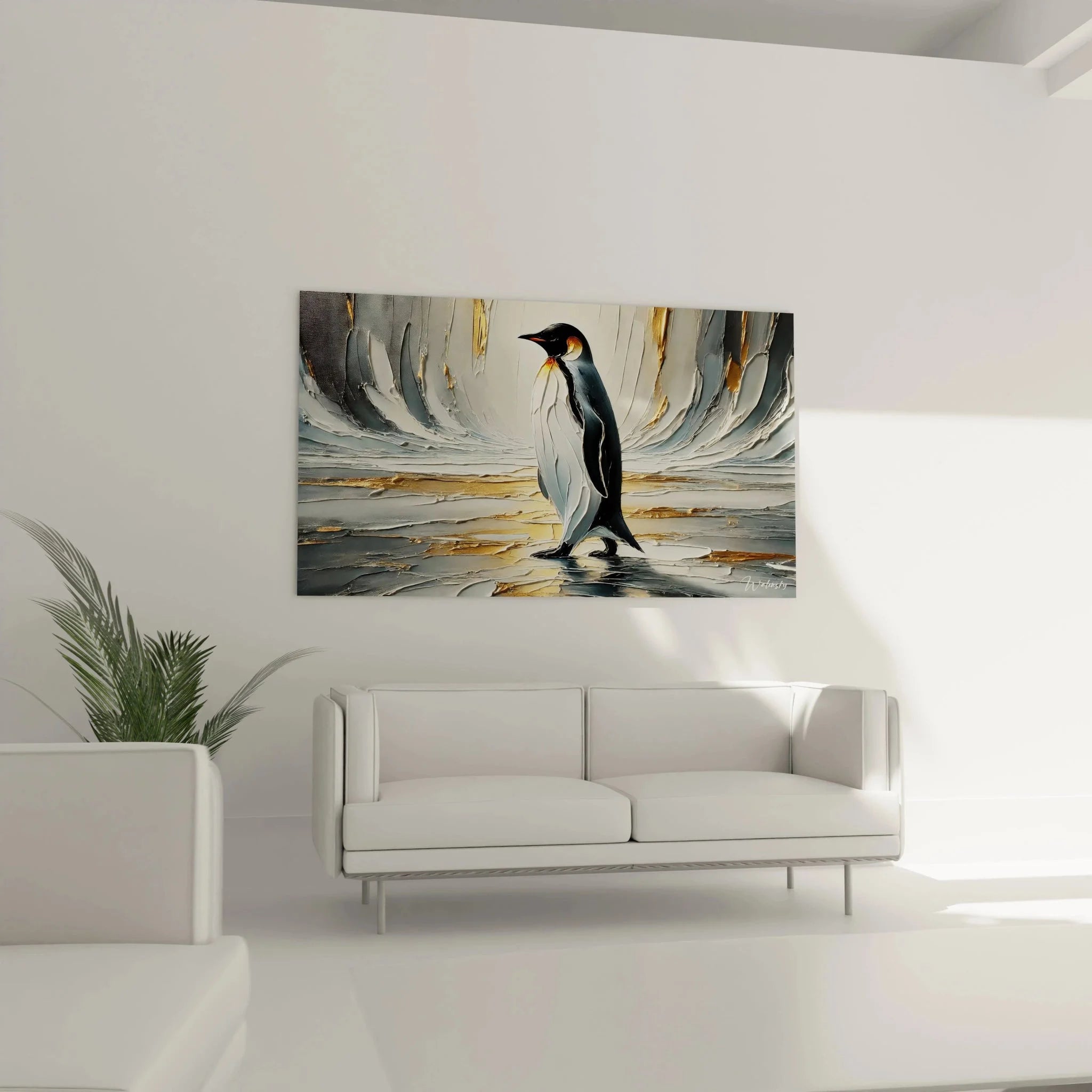 Detailansicht Wandbild Kaiserpinguin zeigt kunstvolle Maltechnik und realistische Federstruktur