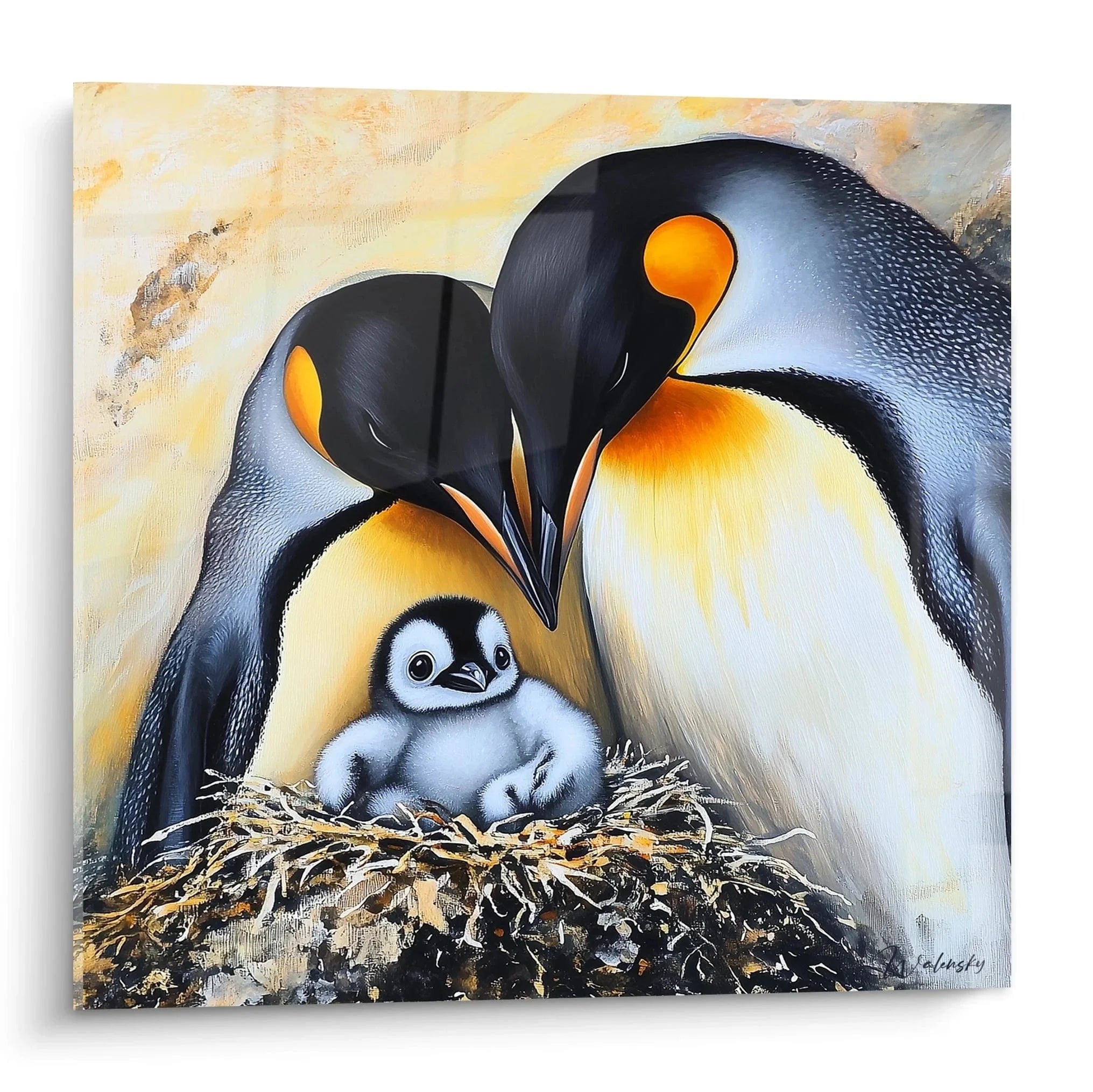 Wandbild Pinguinfamilie mit Kaiserpinguin Eltern und Küken im Nest - Edition Pinguin Tierwandbild