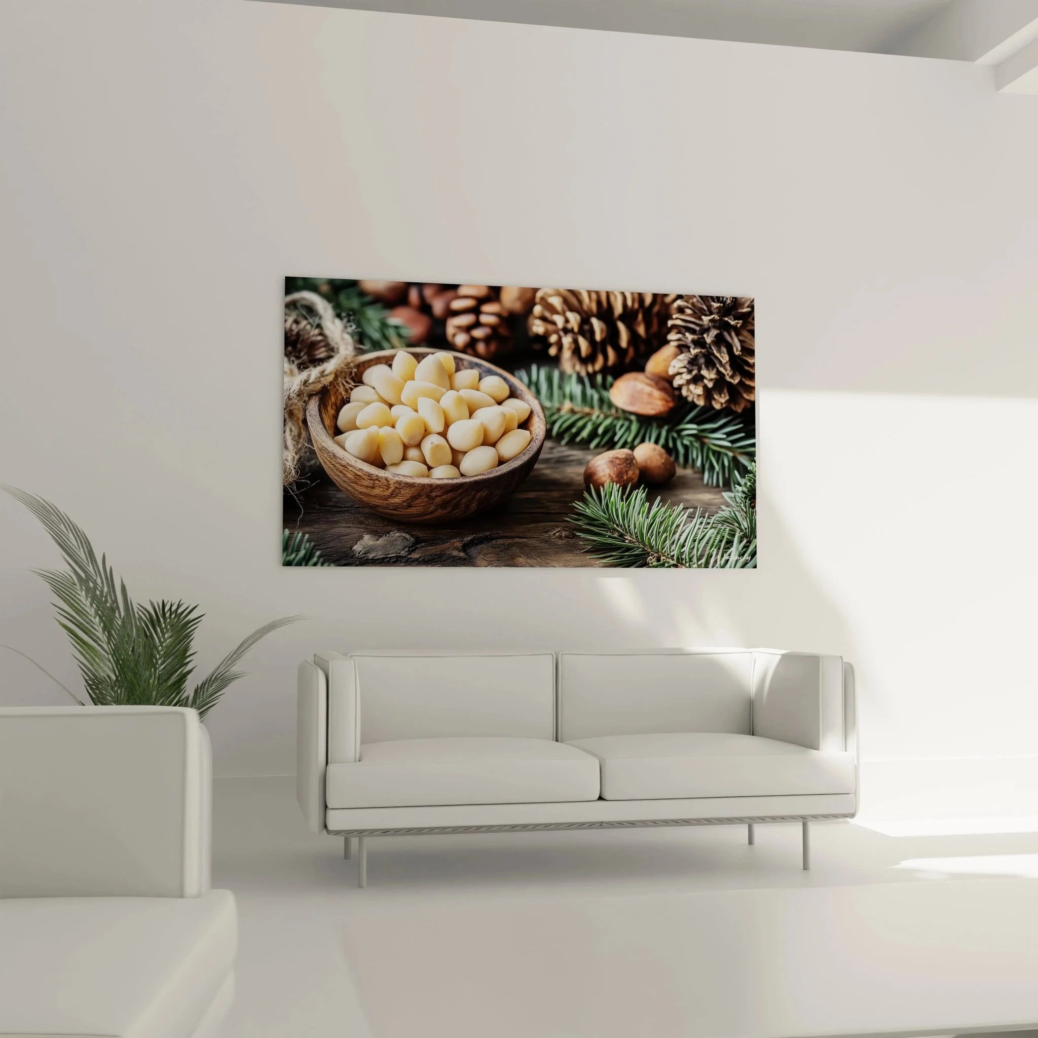 Nahaufnahme Wandbild Pinienkerne Detailansicht cremefarbene Nüsse in rustikaler Holzschale