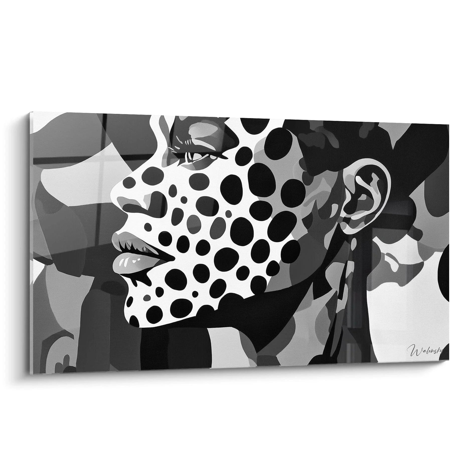 Wandbild Pop Art Frauenporträt schwarz weiß mit Punktmuster, moderne Wanddekoration im minimalistischen Stil