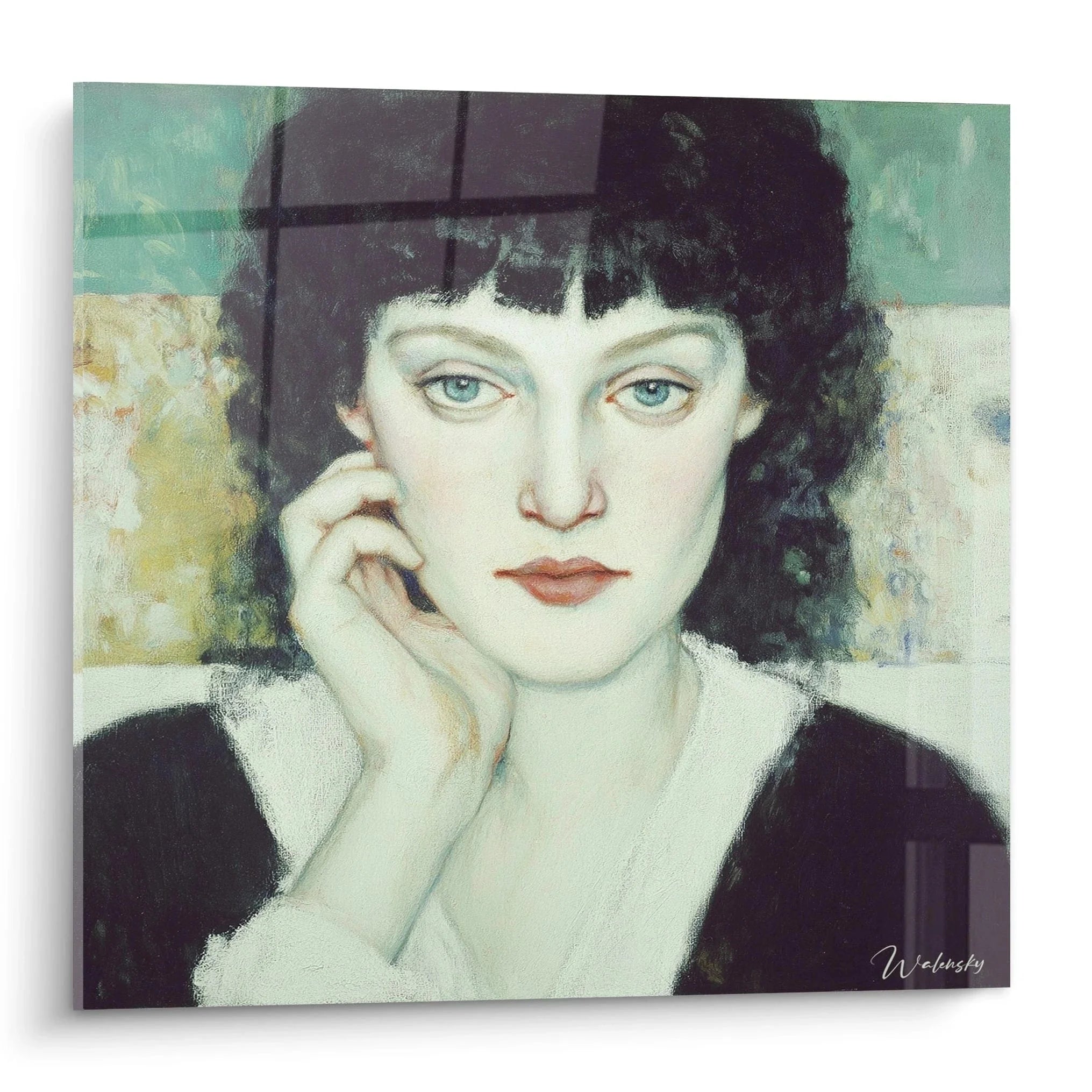 Symbolistisches Wandbild Portrait einer Frau mit blauen Augen und dunklen Haaren im melancholischen Stil