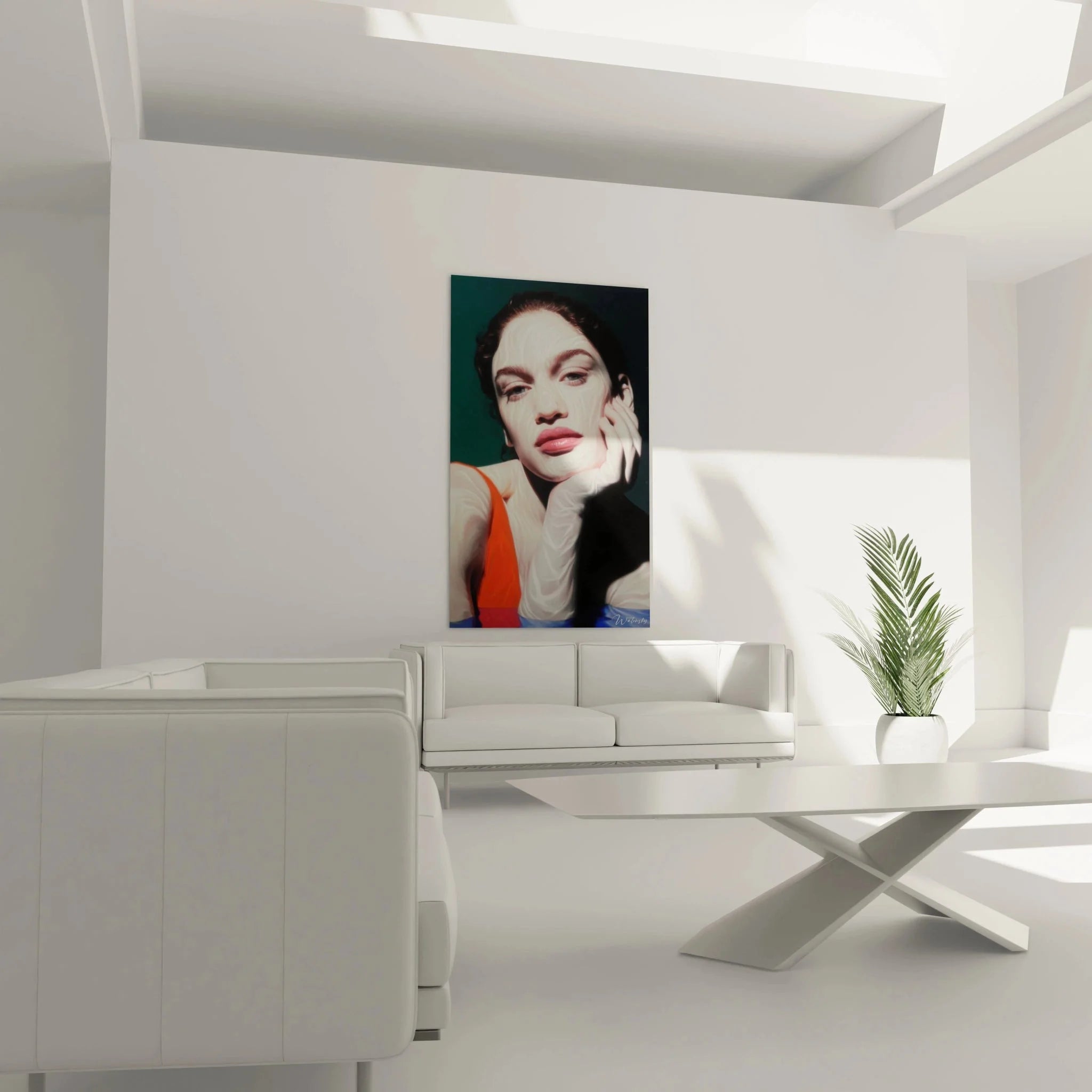 Detailansicht hyperrealistisches Portrait Wandbild Frau mit pflegender Gesichtsmaske Nahaufnahme