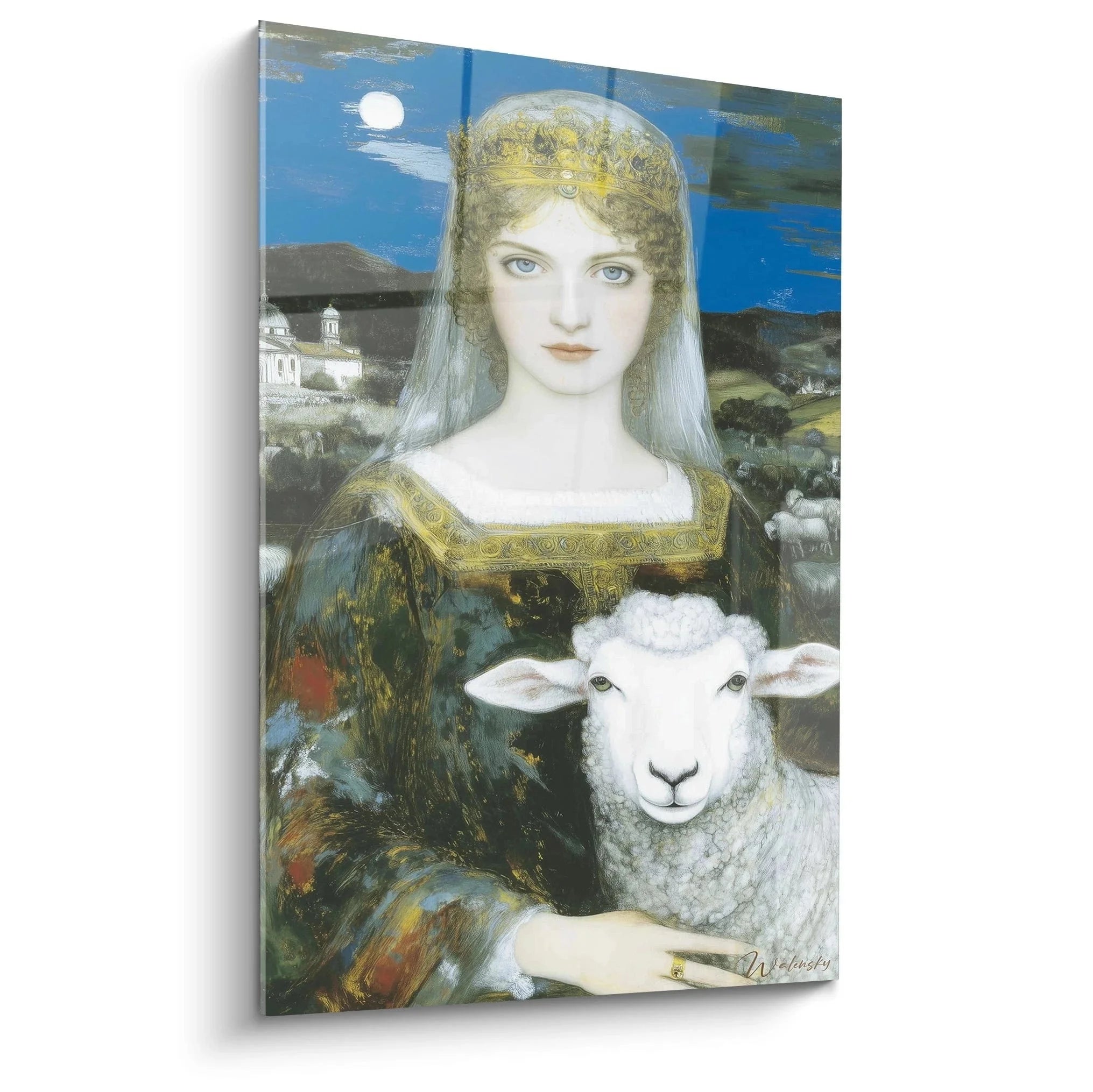 Wandbild präraffaelitische Dame mit weißem Lamm vor Mondscheinlandschaft im mittelalterlichen Stil