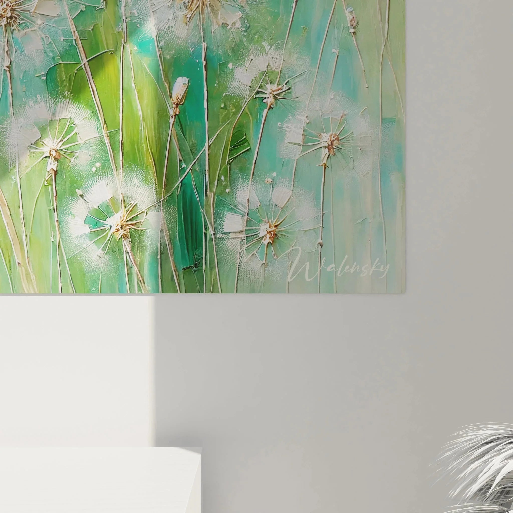 Gesamtansicht Wandbild Pusteblumen Frühling, harmonische Komposition in Pastell Grün und Türkis Tönen