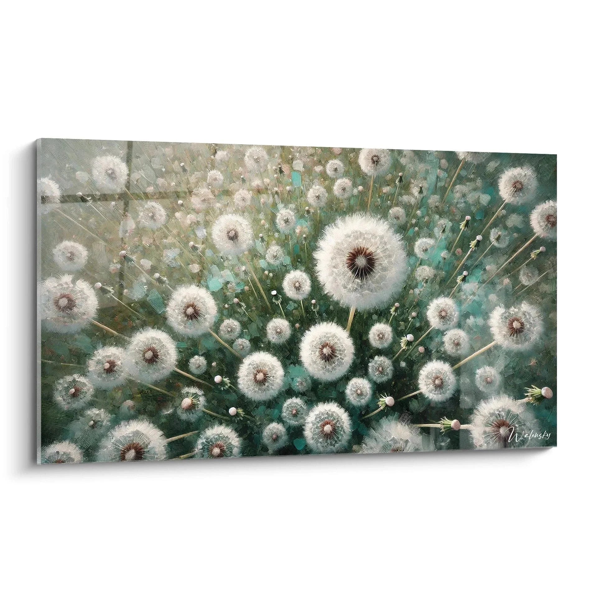 Wandbild Pusteblumen XXL - Weiße Löwenzahnblüten auf grün-türkisem Hintergrund als Leinwandbild