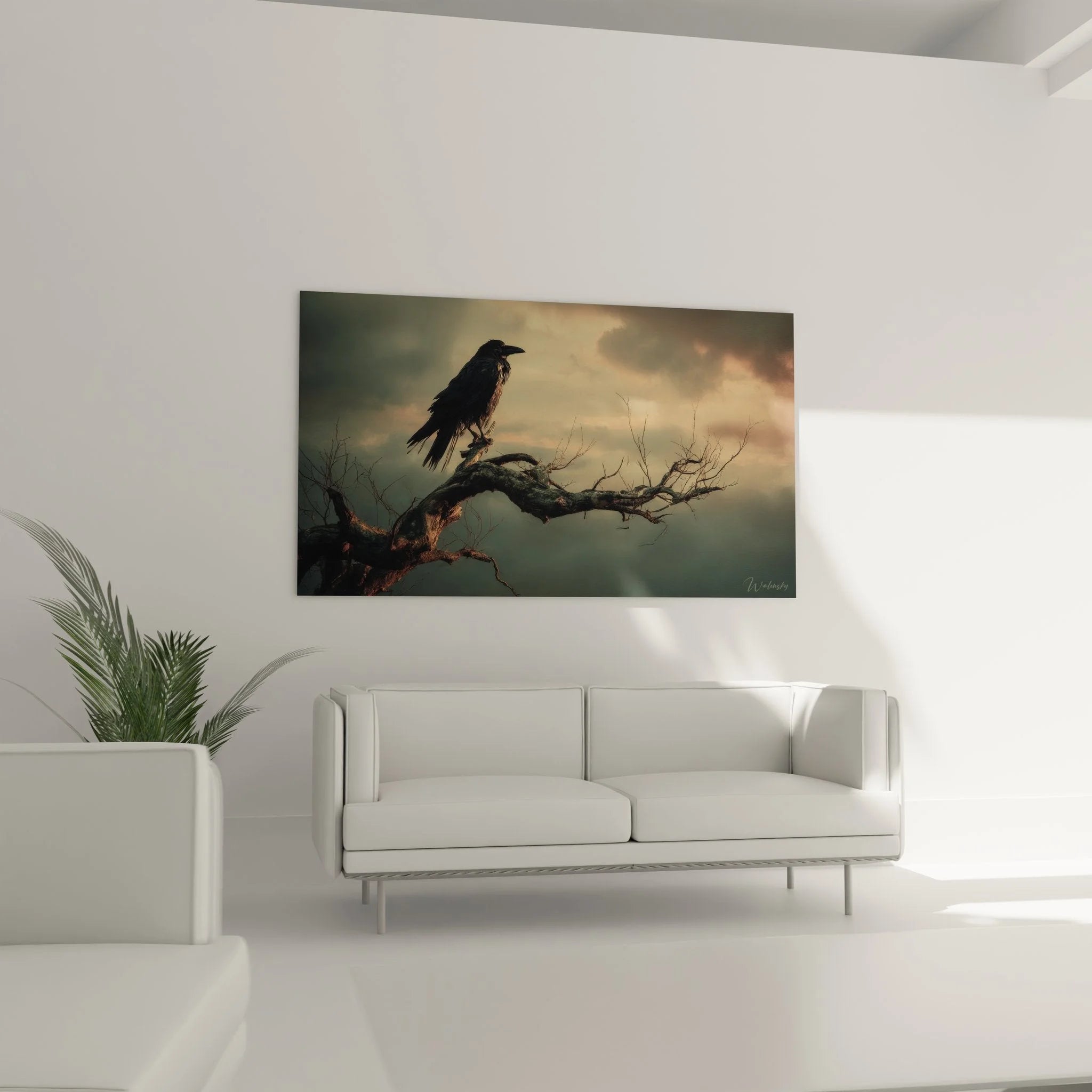 Detailansicht Wandbild Rabe - hochwertige Druckqualität und feine Federtextur im Nahbereich sichtbar