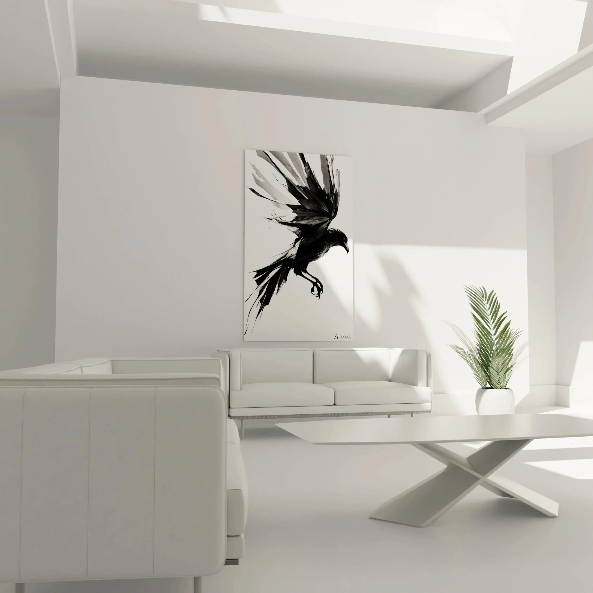 Detailansicht Wandbild Rabe, filigrane Federzeichnung, monochrome Kunstdarstellung in Schwarz-Weiß