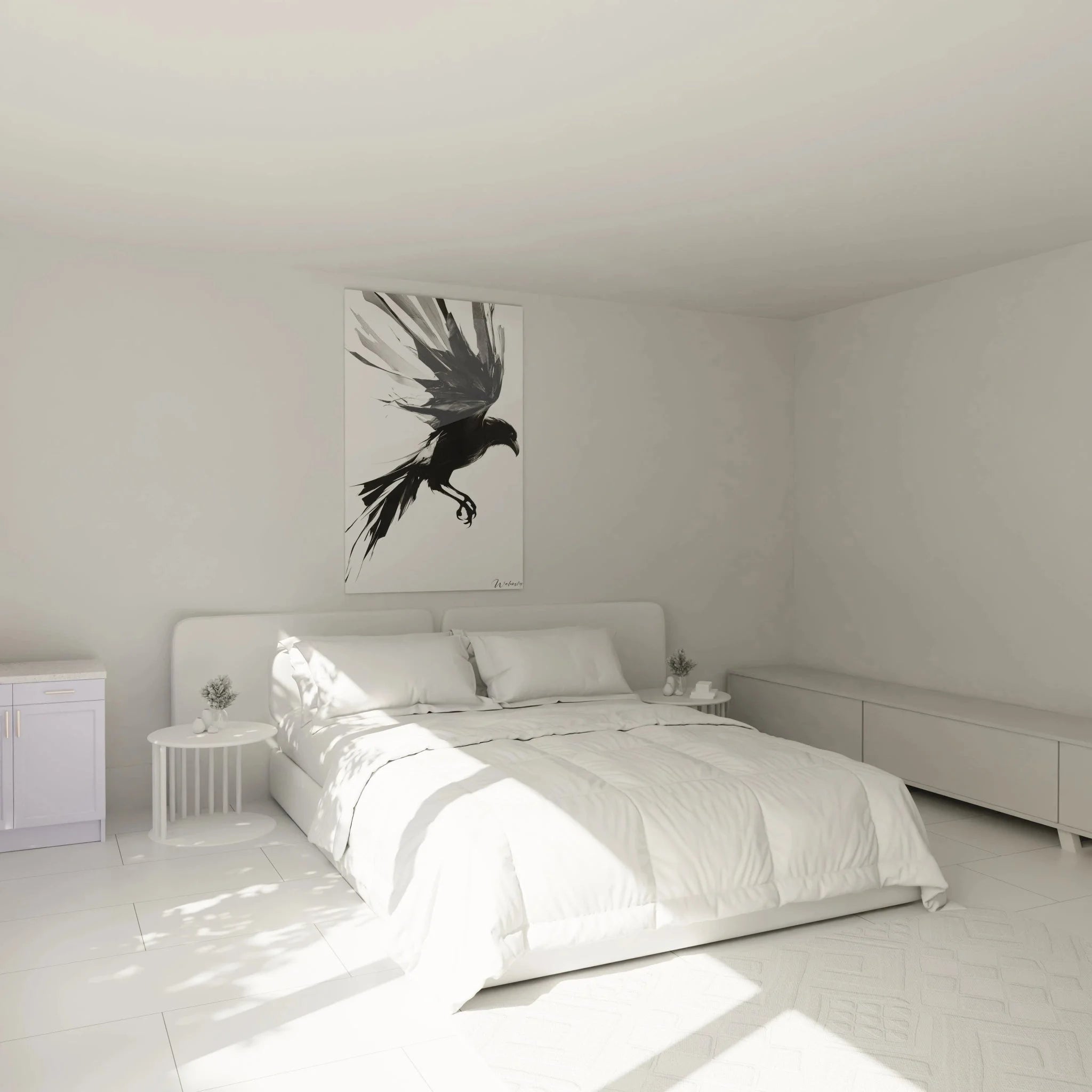 Wandbild fliegender Rabe in elegantem Schlafzimmer, schwarz-weiße Wanddekoration, nordischer Stil