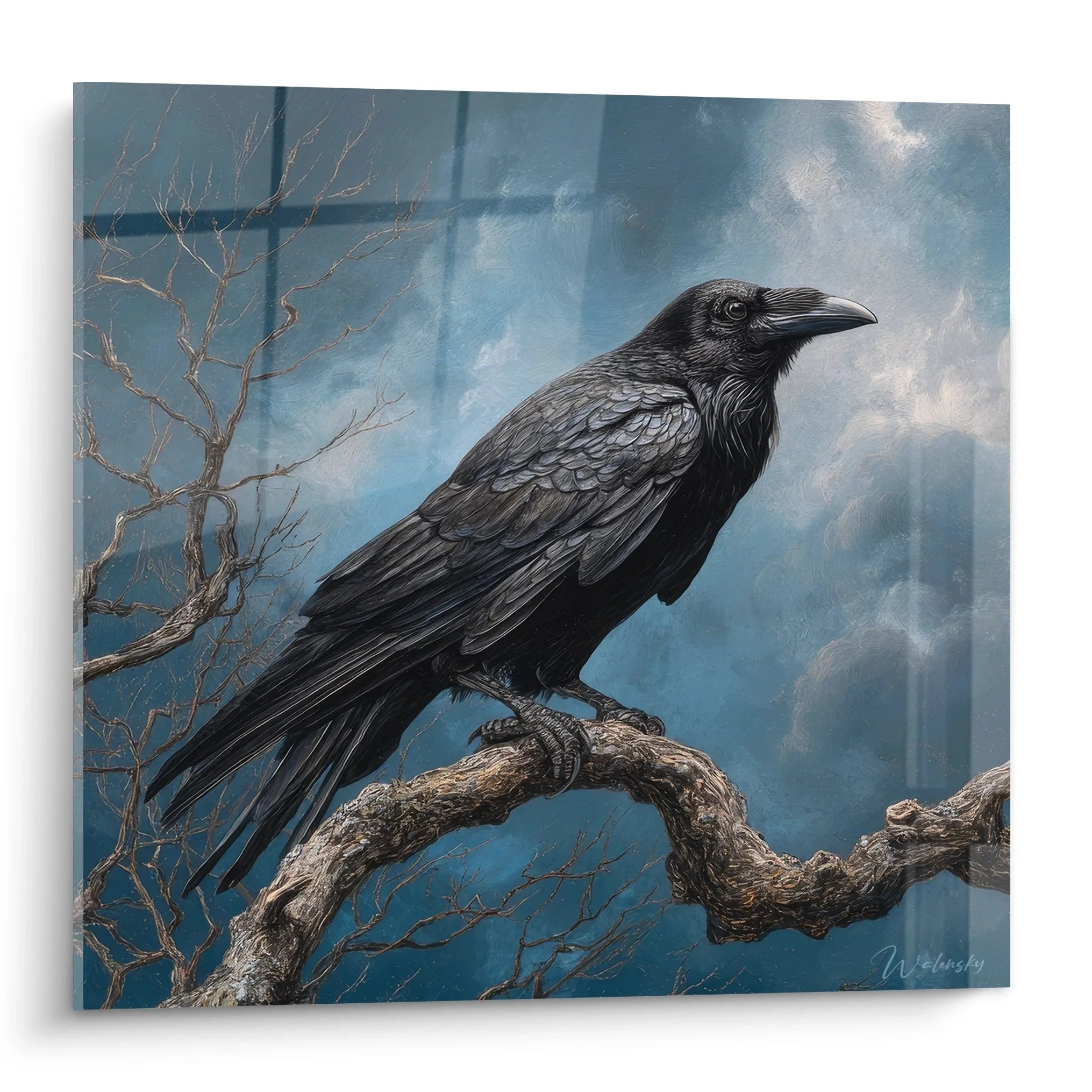 Wandbild Rabe auf totem Ast vor dramatischem Himmel - Mystischer schwarzer Vogel Kunstdruck