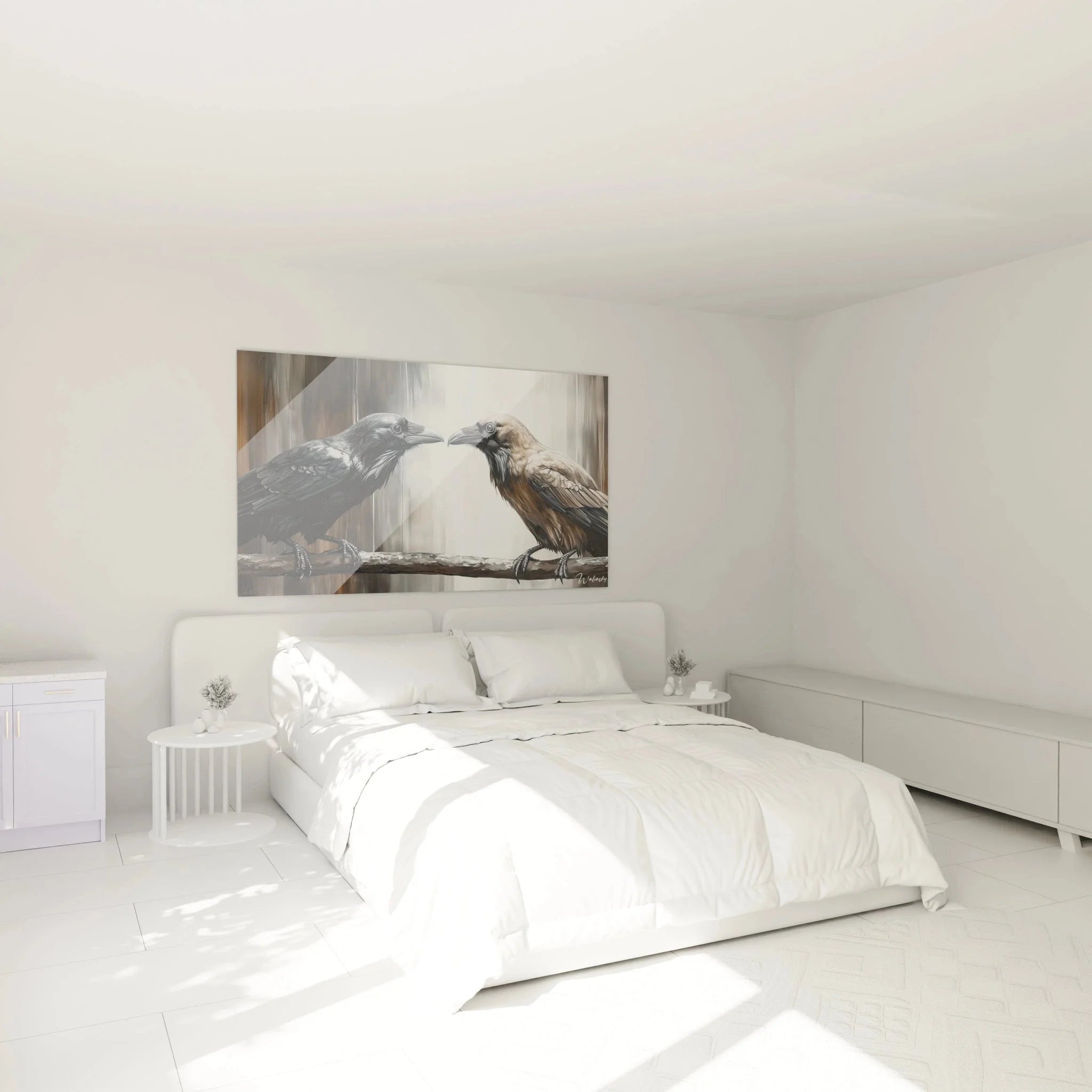 Wandbild Rabenpaar in modernem Schlafzimmer Ambiente mystische Raben Dekoration