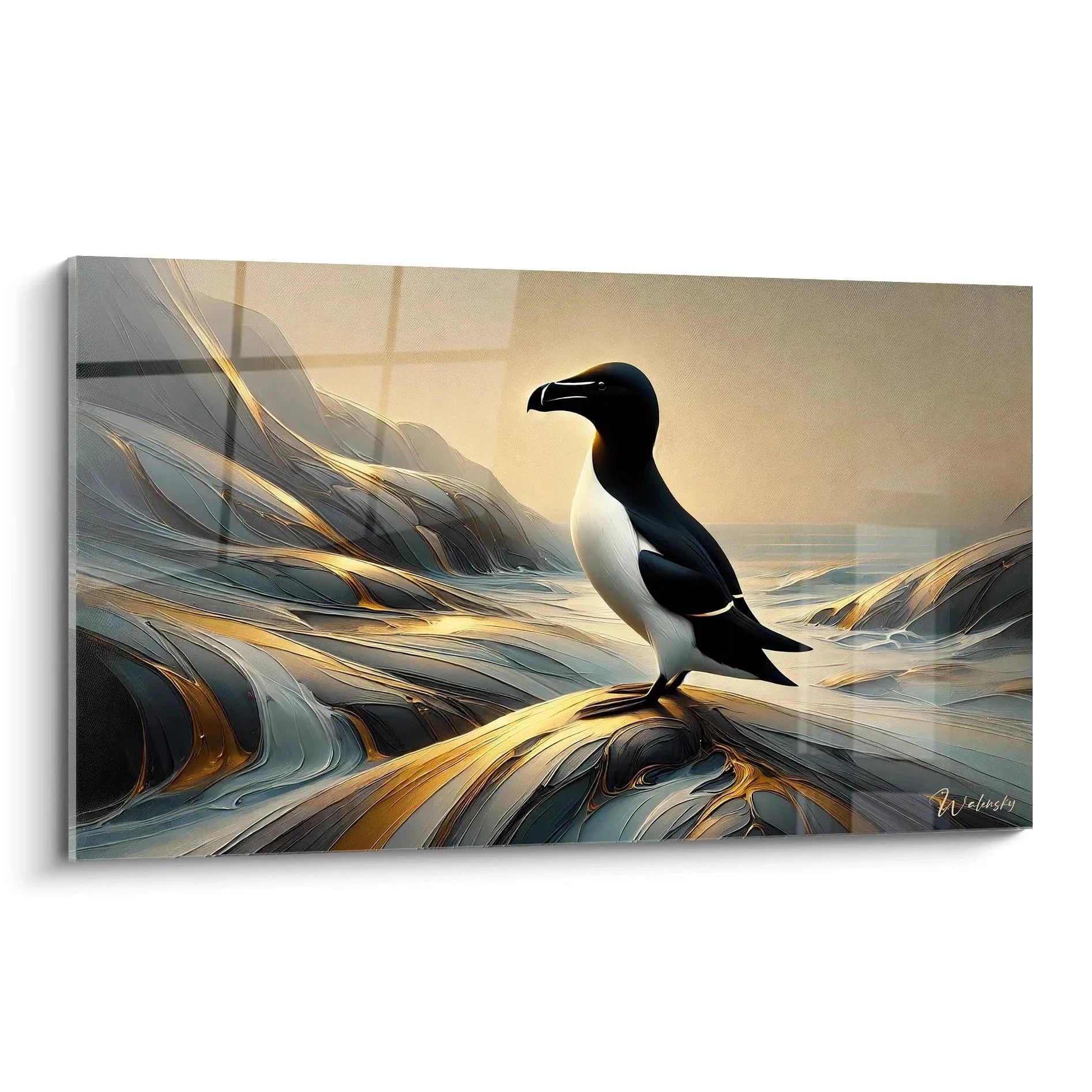 Wandbild Razorbill Alkenvogel auf goldenen abstrakten Klippen, maritime Seevogel Kunst in warmen Tönen