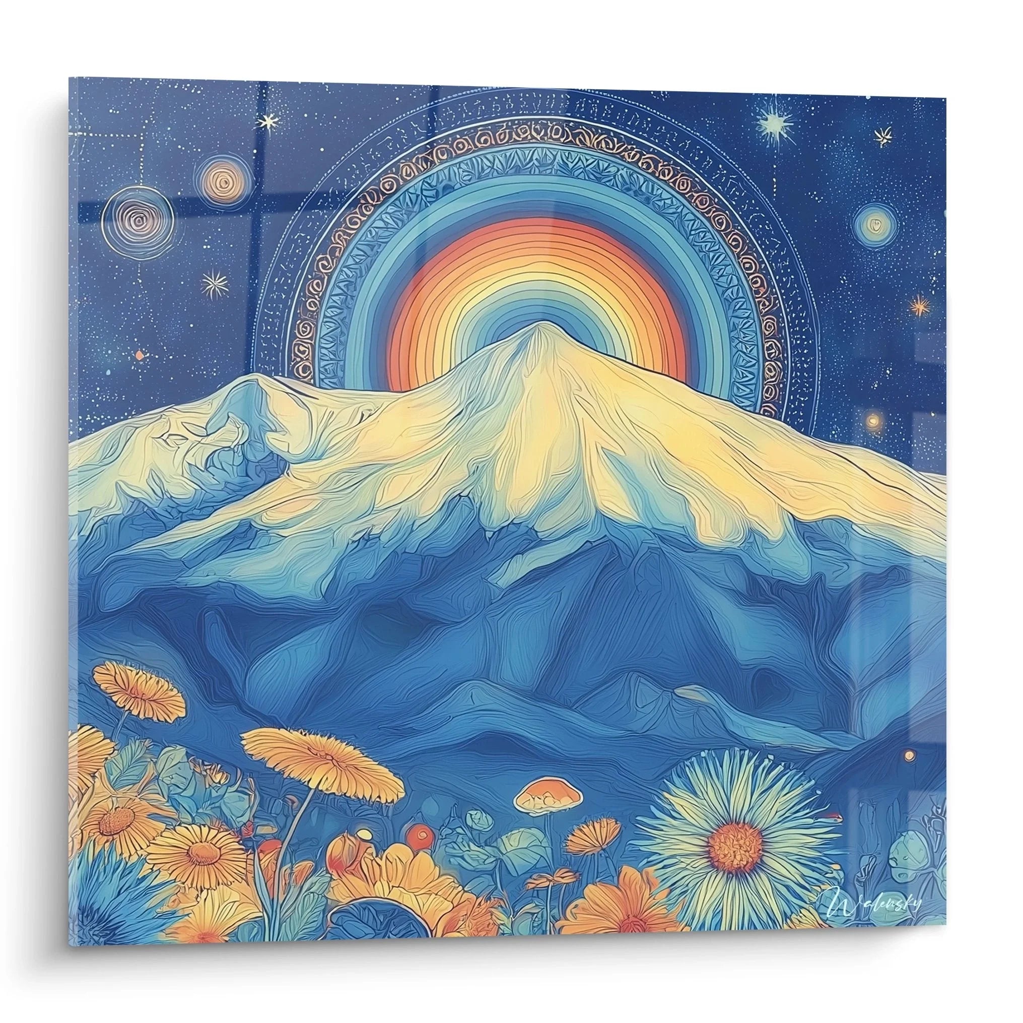 Wandbild Regenbogen Berg - Mystische Wüstenlandschaft mit ornamentalem Regenbogen und Wüstenblumen vor Sternenhimmel