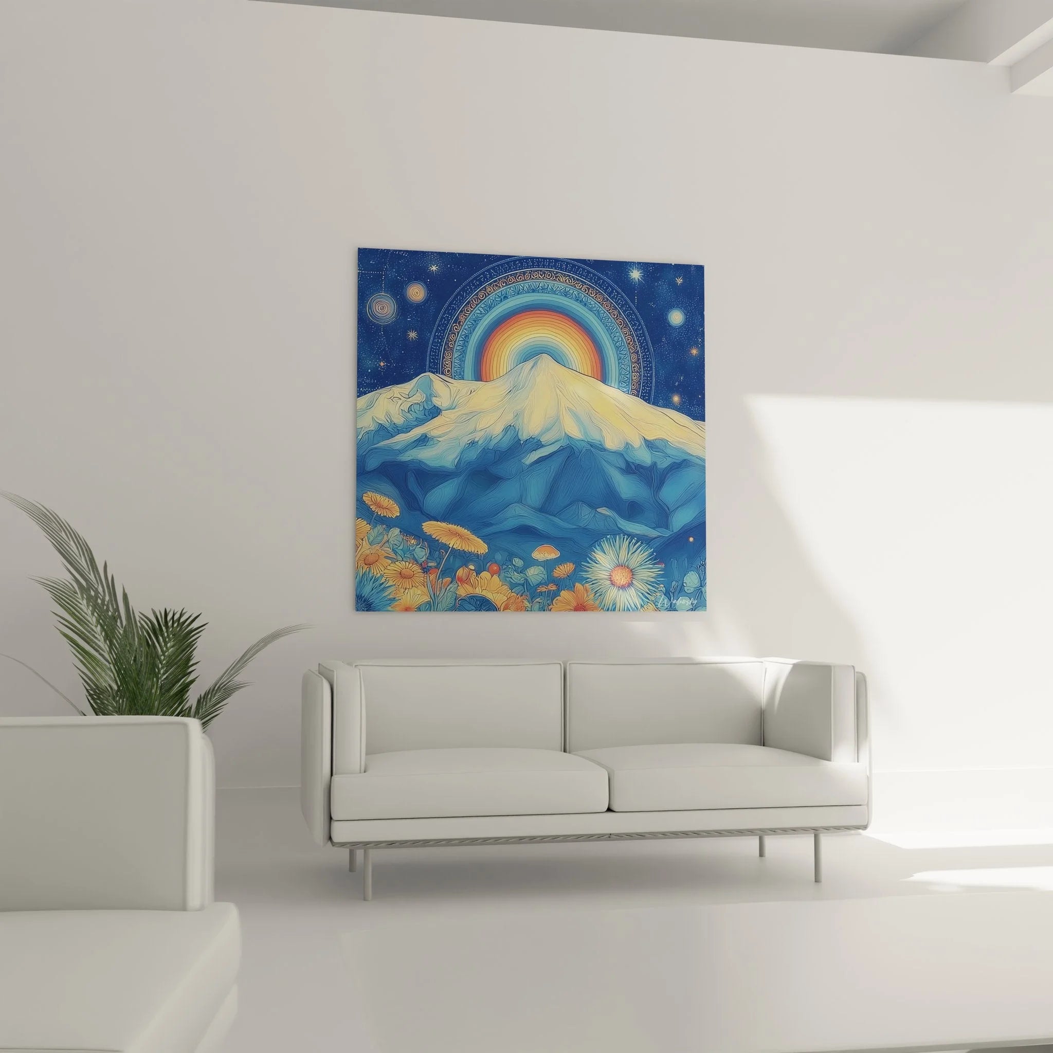 Nahaufnahme Wandbild Regenbogen Details - Ornamentale Muster und leuchtende Spektralfarben der Wüstenkunst