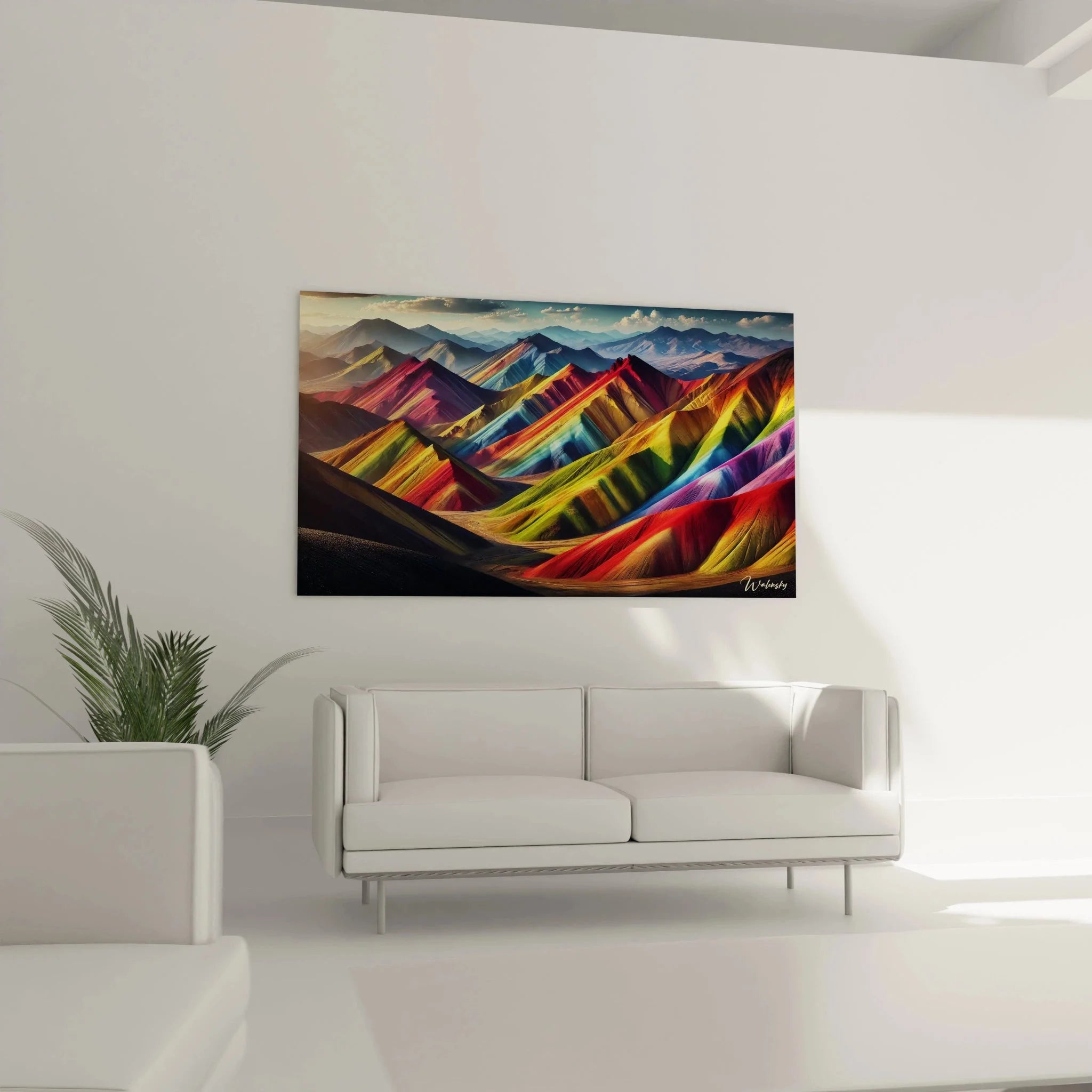 Nahaufnahme Wandbild Regenbogenberge zeigt detaillierte Farbschichtungen und Strukturen der bunten Bergformation