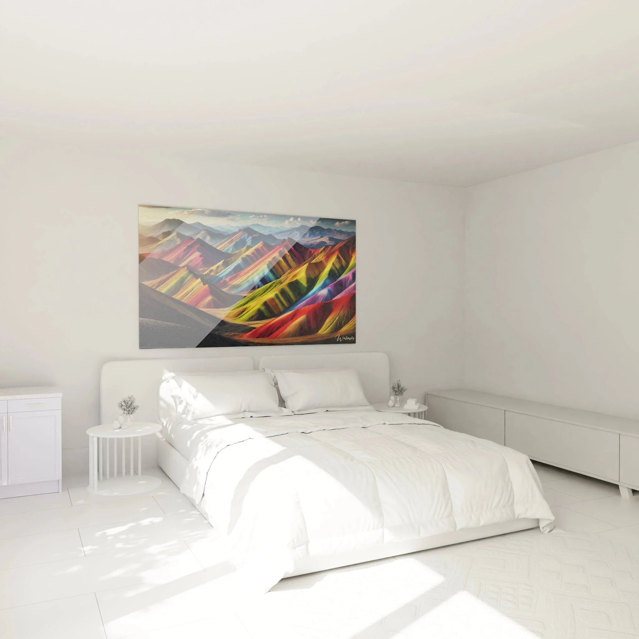Wandbild Regenbogenberge XXL in modernem Schlafzimmer als eindrucksvolle Wandgestaltung mit bunten Bergen