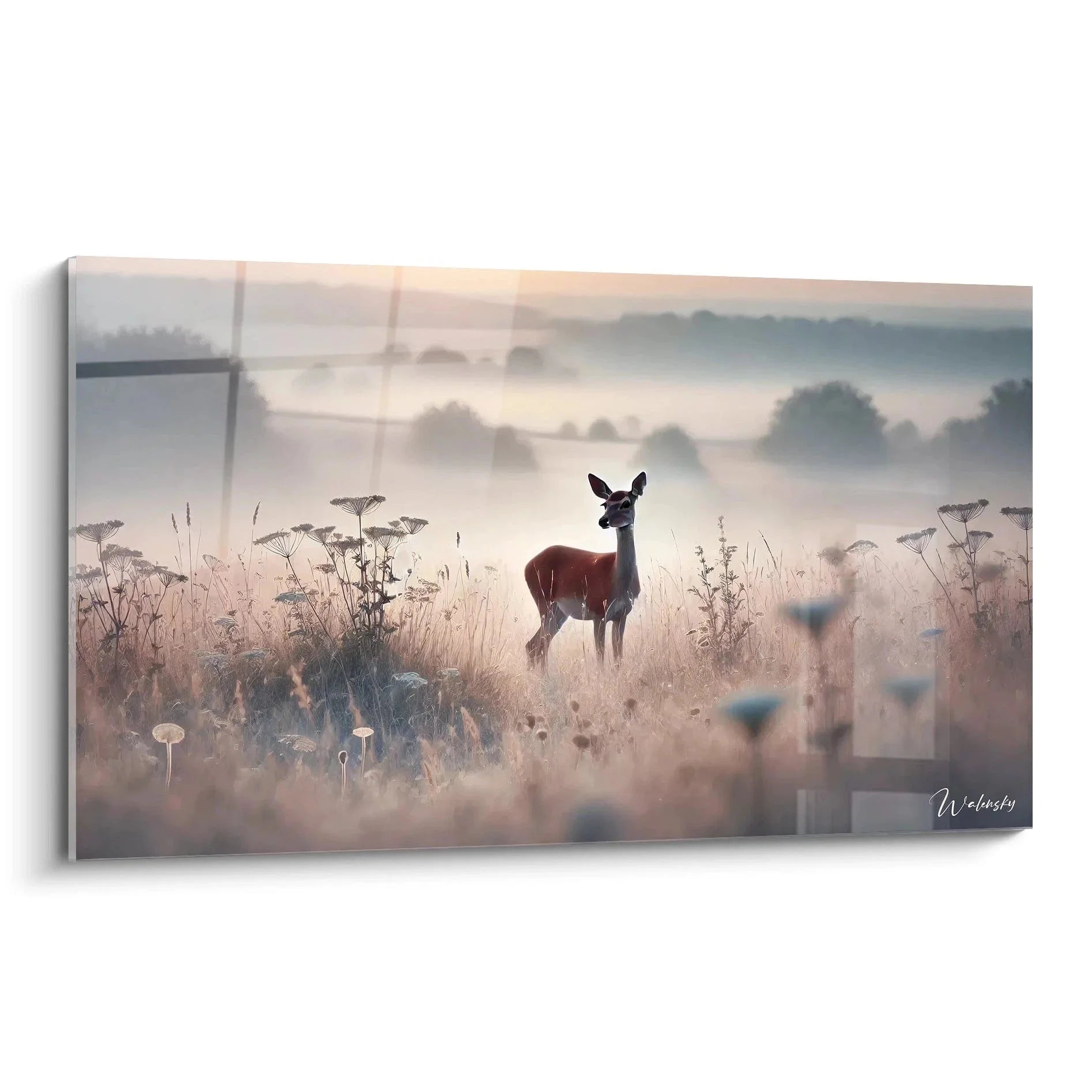 Wandbild Reh im Morgennebel - Hirschkuh steht majestätisch in nebliger Waldlandschaft mit Wildgräsern