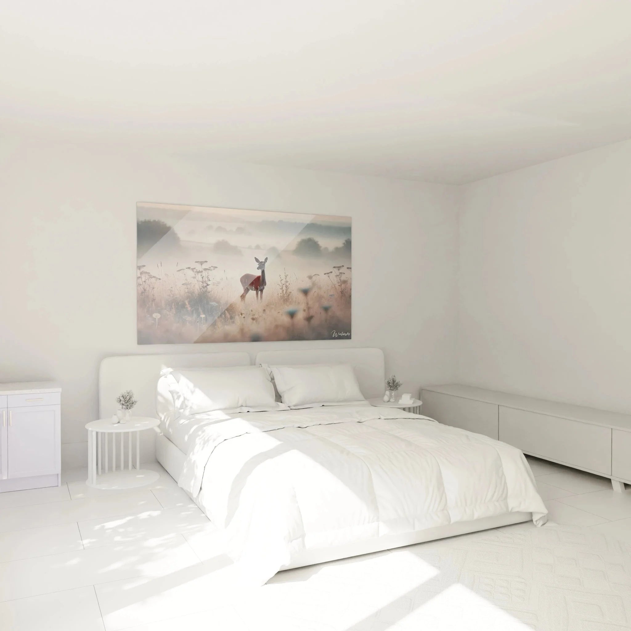 Wandbild Reh Morgennebel in modernem Schlafzimmer - elegante Naturdekoration mit mystischer Waldstimmung