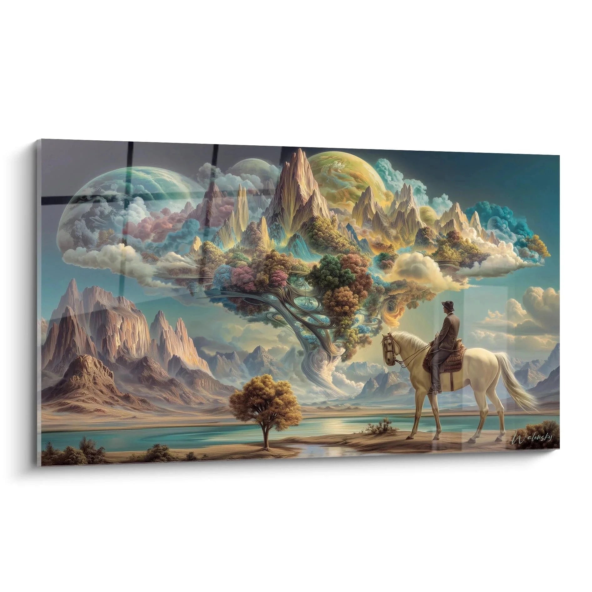 Wandbild XXL Reiter vor surrealer schwebender Berglandschaft mit Planeten am Himmel