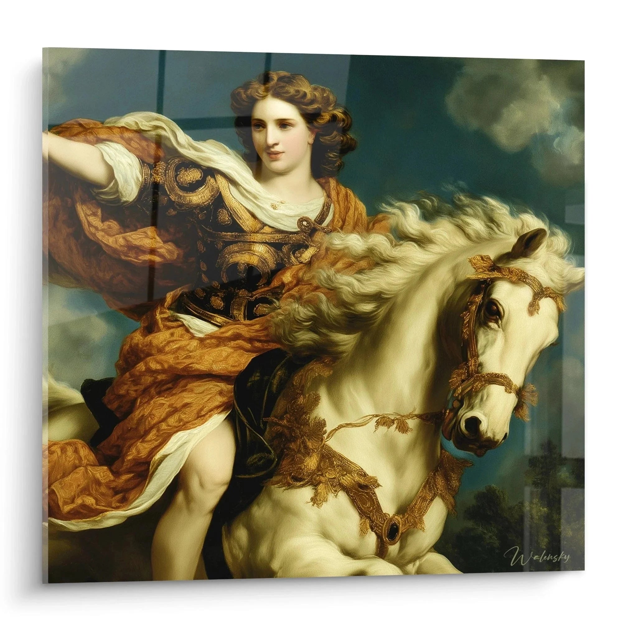 Wandbild Reiterin auf weißem Pferd im neoklassizistischen Stil mit goldener Rüstung und dramatischem Himmel
