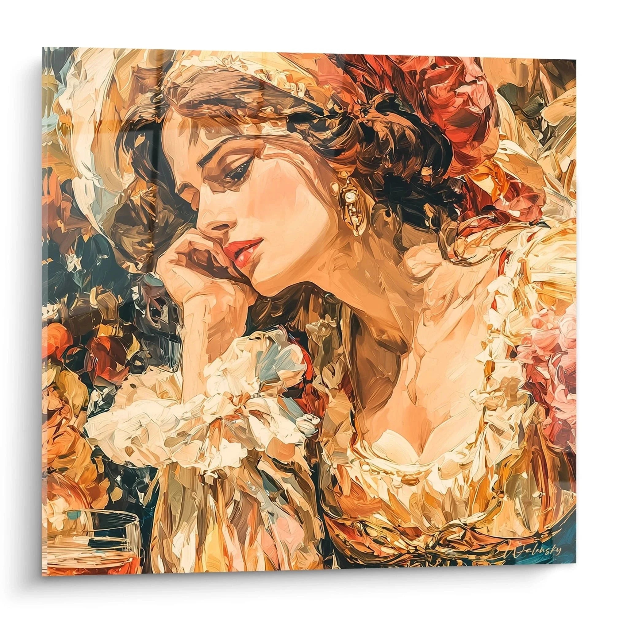 Wandbild Renaissance Dame mit floralen Elementen und warmer Farbpalette im klassischen Stil