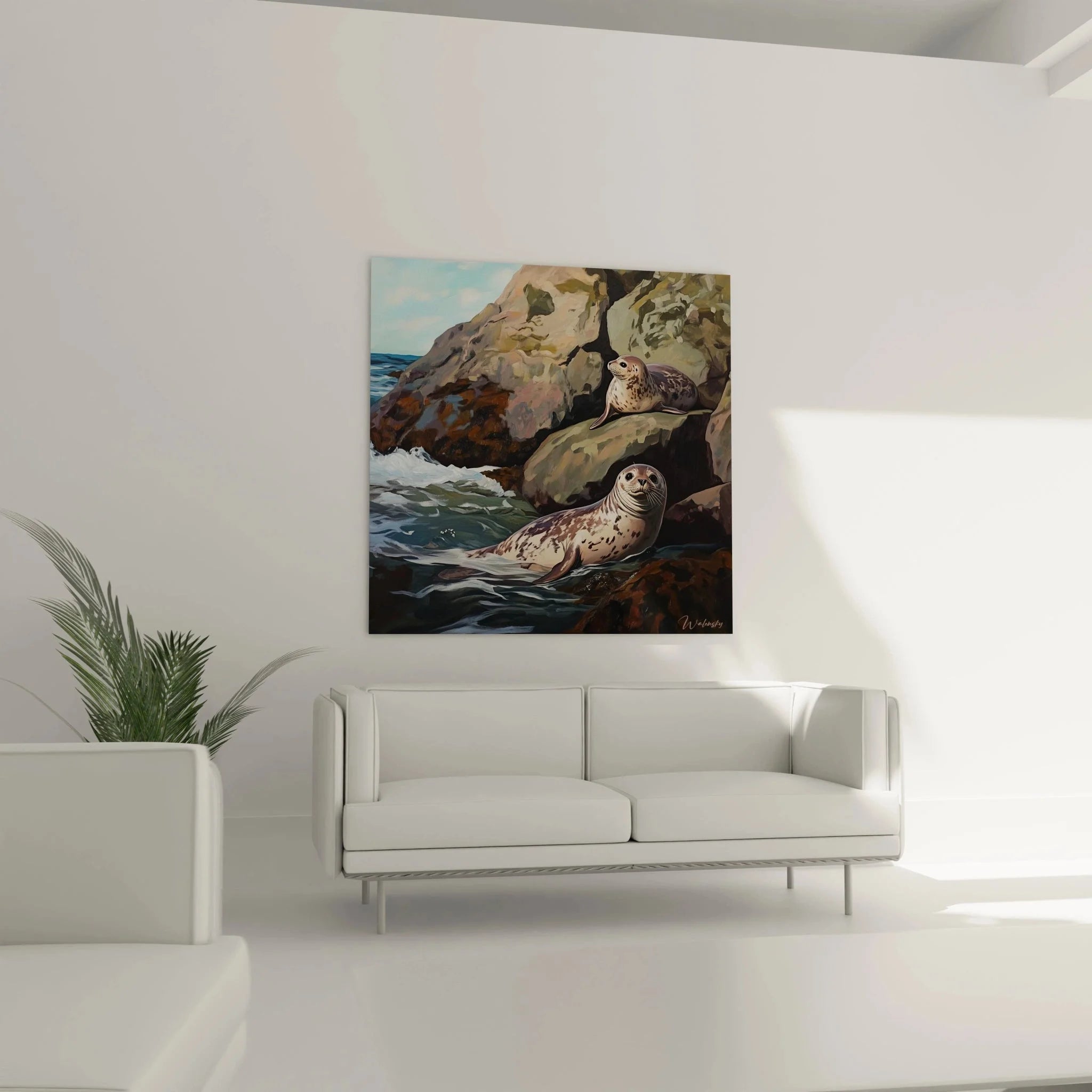 Detail Wandbild Robben - Nahaufnahme der naturgetreuen Darstellung der Meerestiere auf Felsen