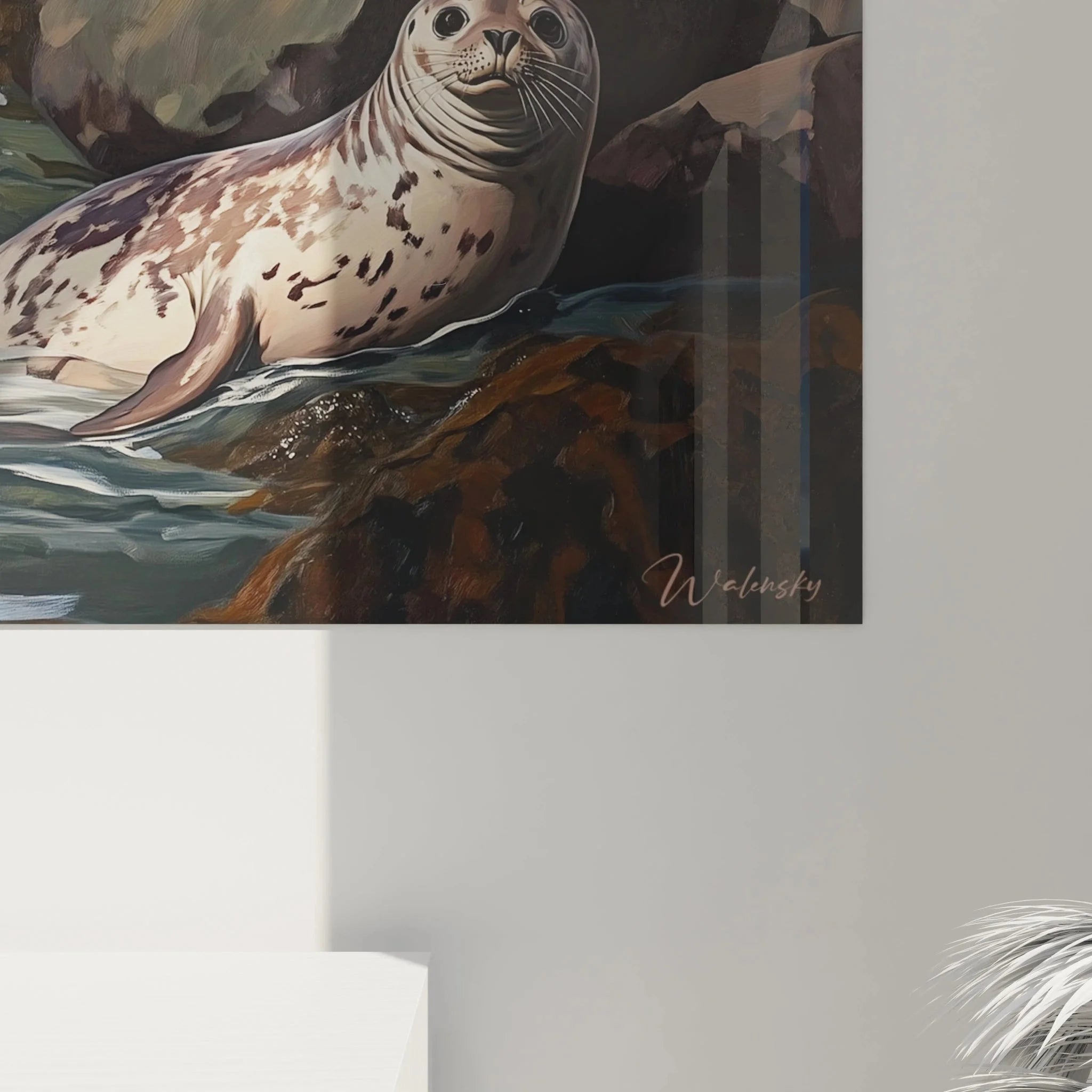 Gesamtansicht Wandbild Robben Küstenszene - Vollständige maritime Komposition mit Meer und Felsen