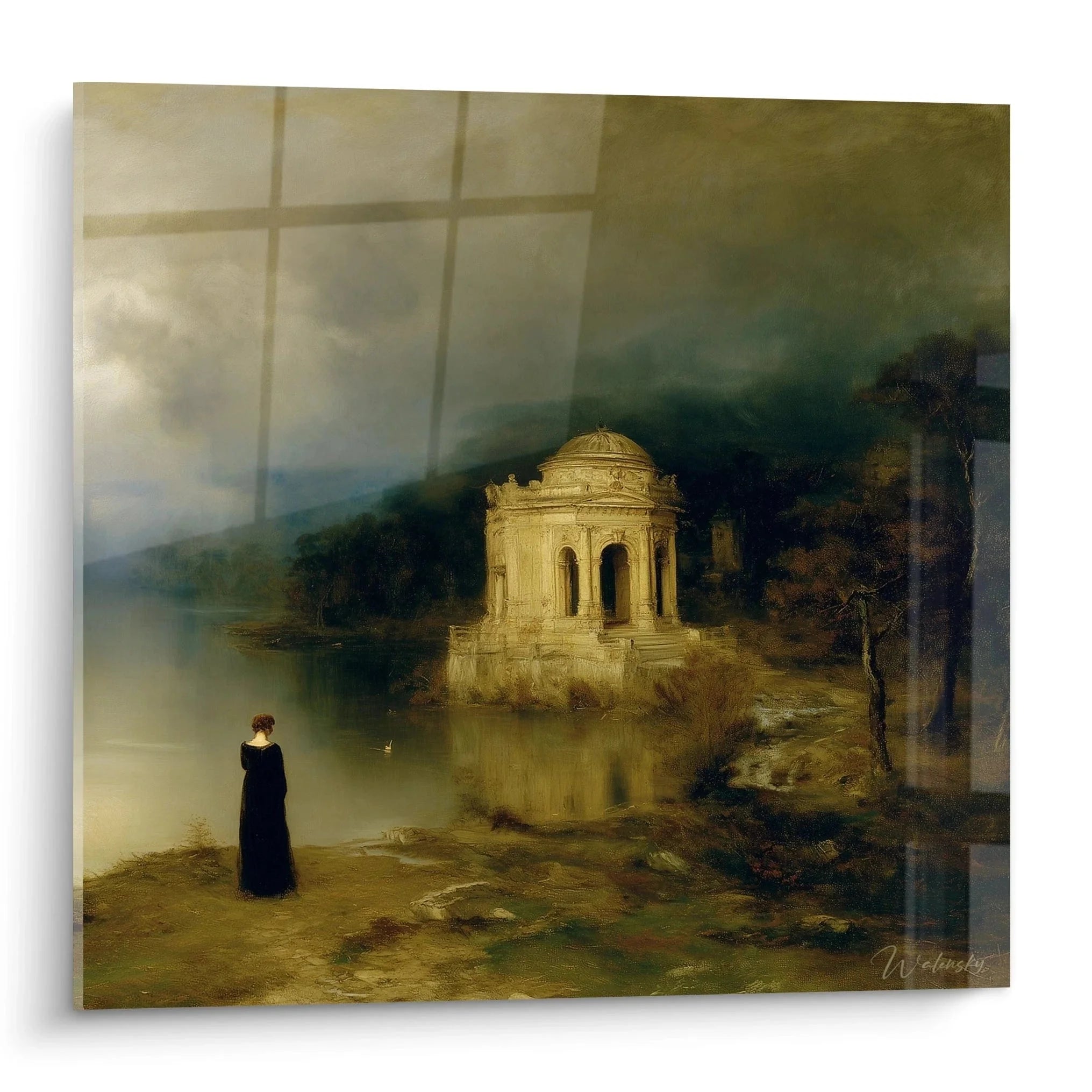 Romantisches Wandbild mit antiker Ruine am nebligen See und einsamer Figur im Romantik Stil