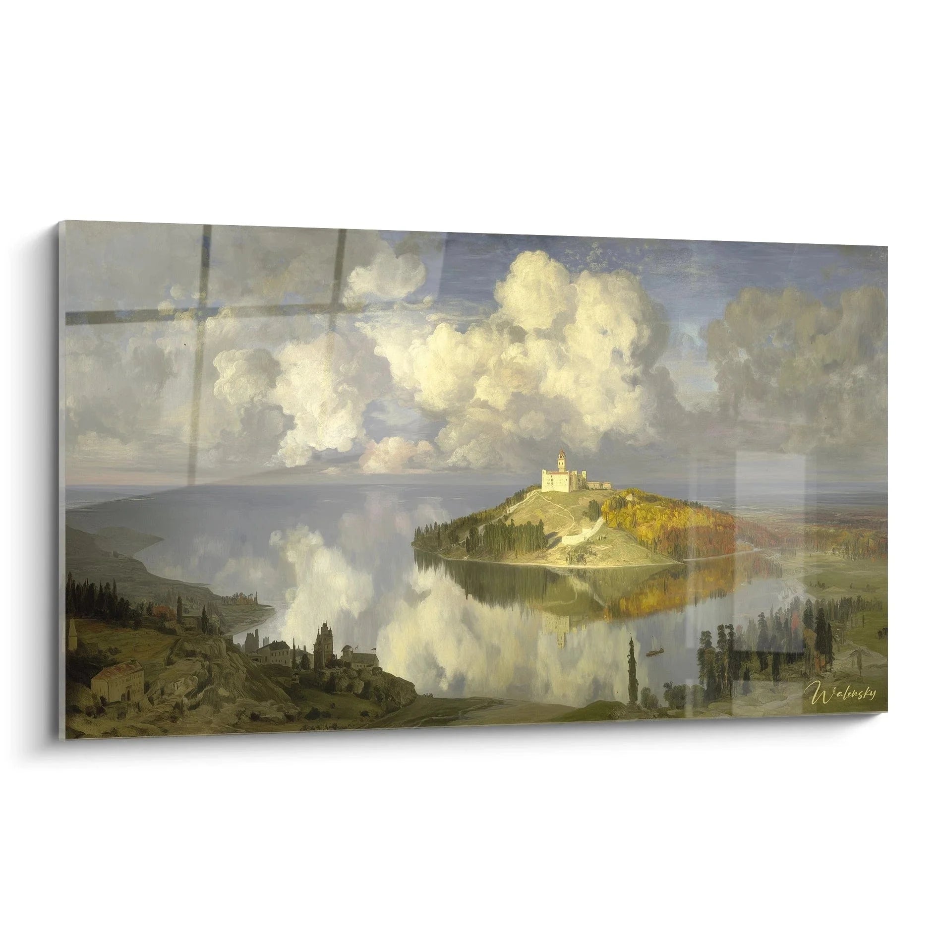 Romantisches Wandbild mit Schloss auf bewaldeter Insel im See, dramatische Wolken und Spiegelung