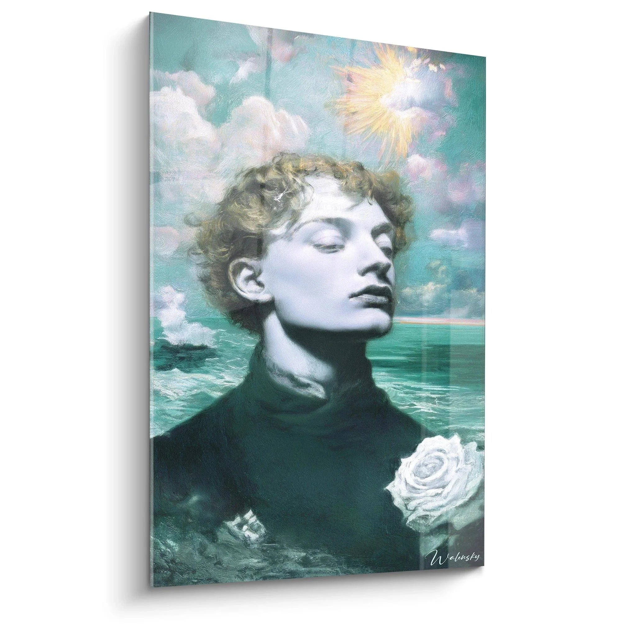 Wandbild romantischer Träumer präraffaelitischer Stil mit Meereslandschaft und weißer Rose Kunstdruck