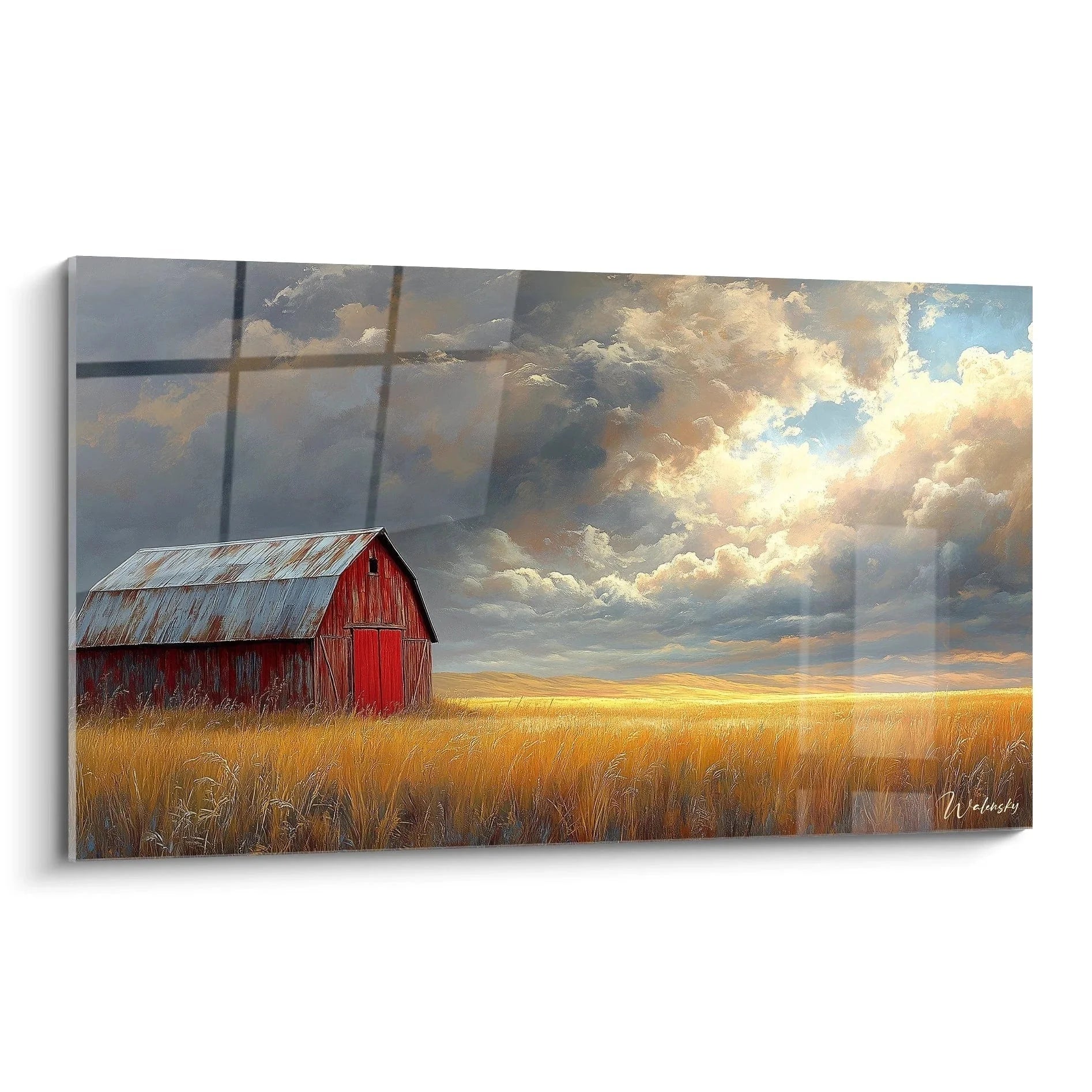 Wandbild rote Scheune im goldenen Kornfeld mit dramatischem Himmel - ländliche Landschaft Leinwand