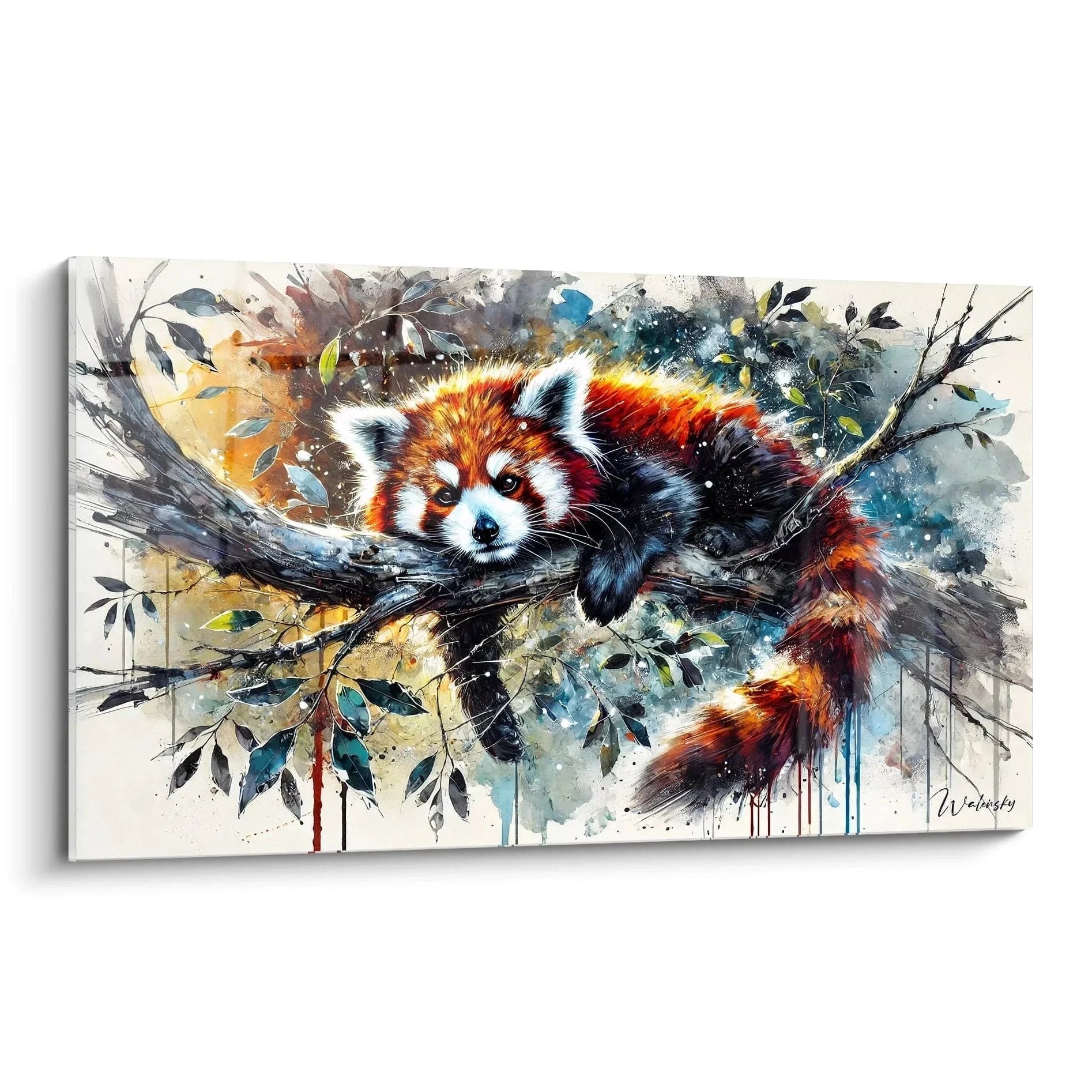 Wandbild Roter Panda Aquarell Kunstwerk auf Leinwand mit expressiven Farbverläufen