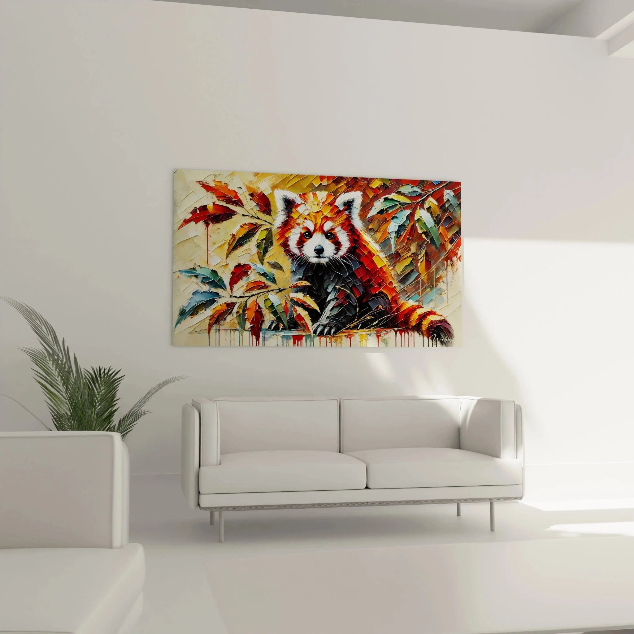 Detailaufnahme Wandbild Roter Panda - expressionistische Maltechnik mit tropfenden Farbelementen