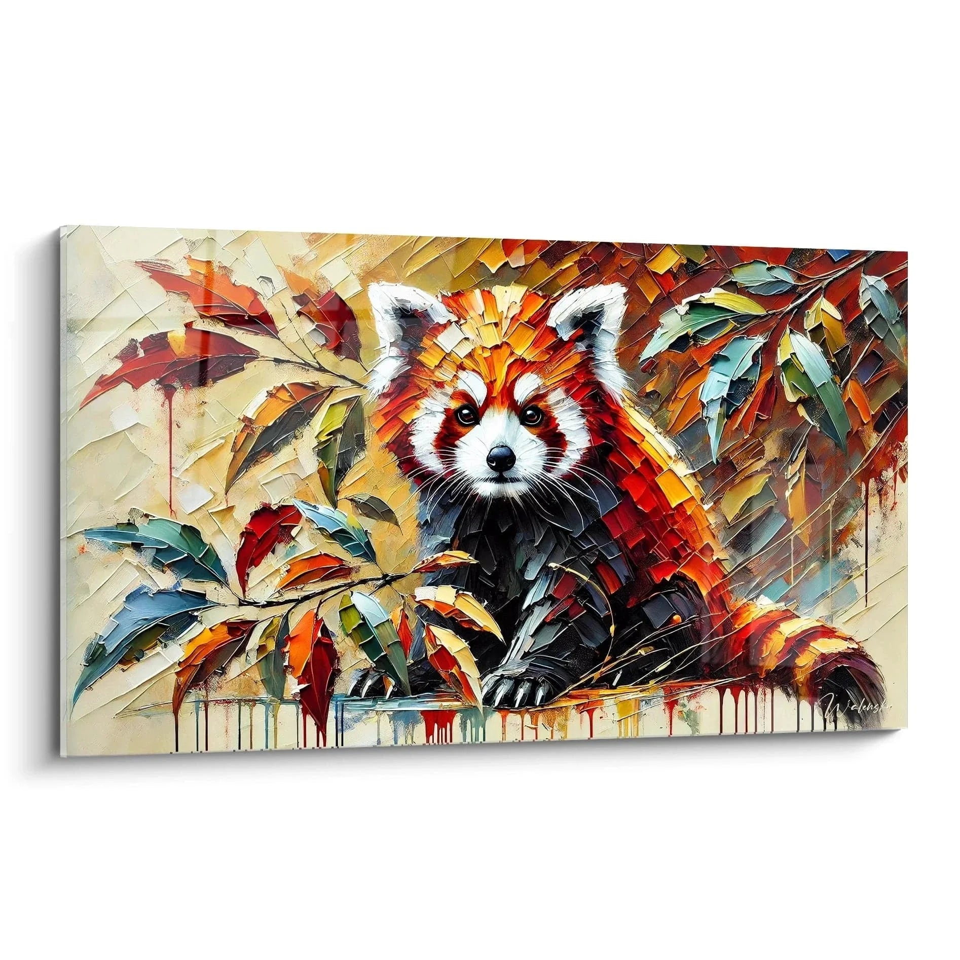 Expressionistisches Wandbild Roter Panda im Dschungel mit lebendigen Farben und künstlerischen Pinselstrichen