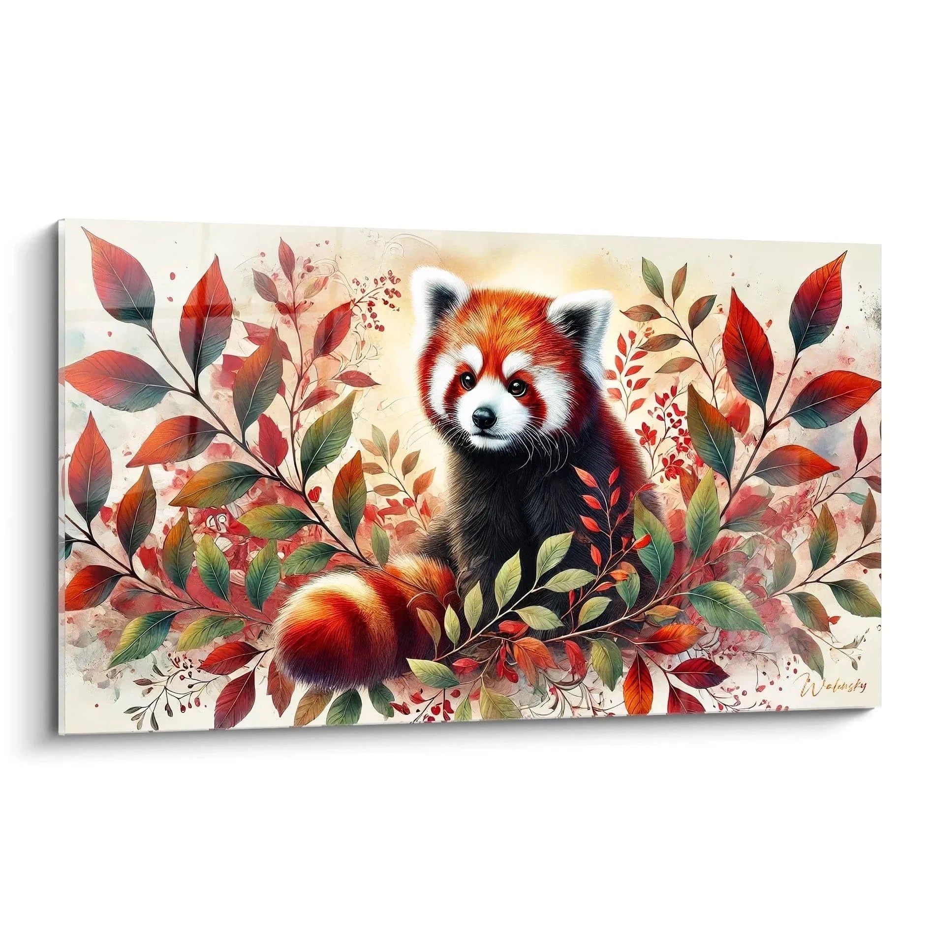 Wandbild Roter Panda in Herbstlaub mit botanischen Elementen im Aquarell-Stil
