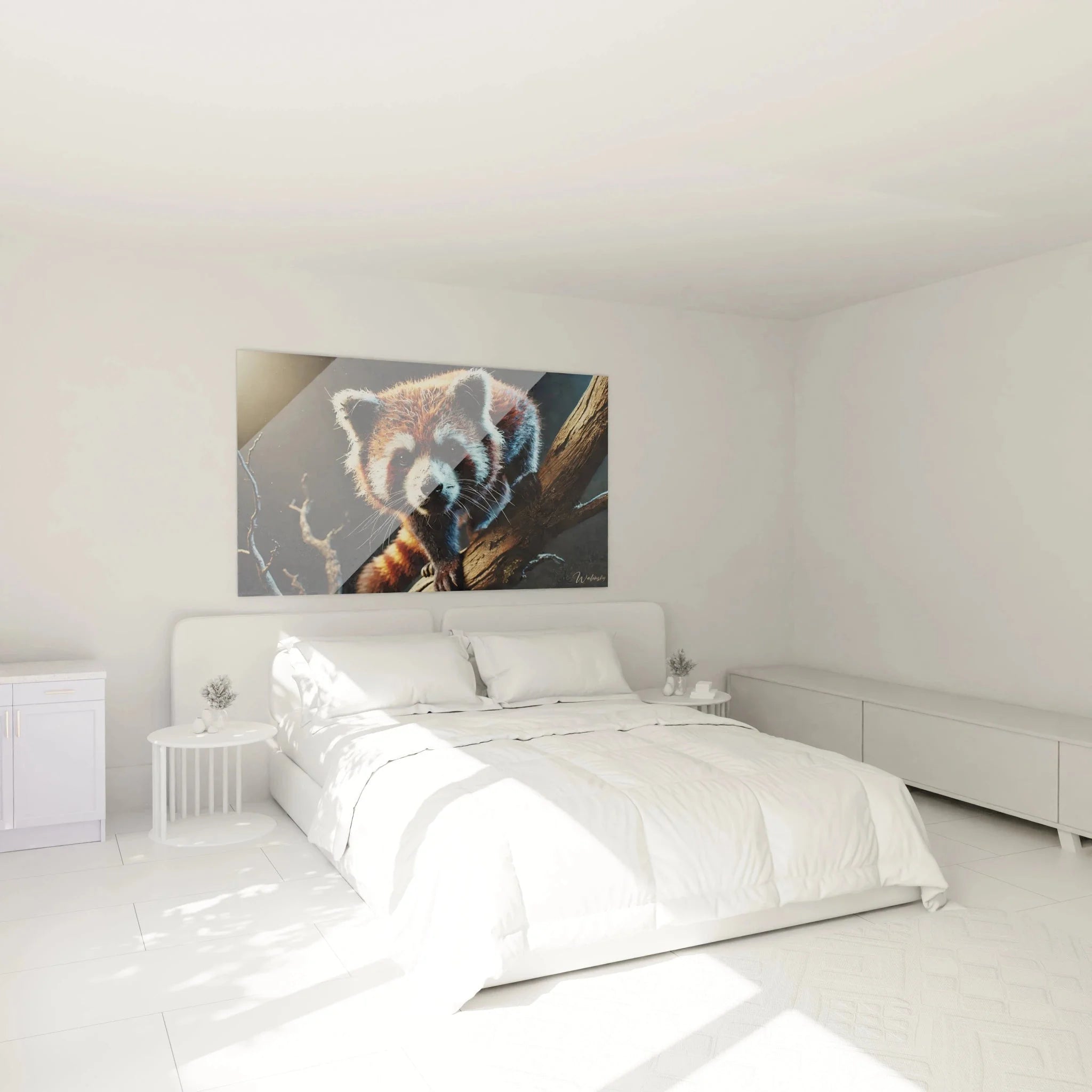Wandbild Roter Panda in Schlafzimmer Ambiente - Moderne Tierfotografie als Wanddekoration