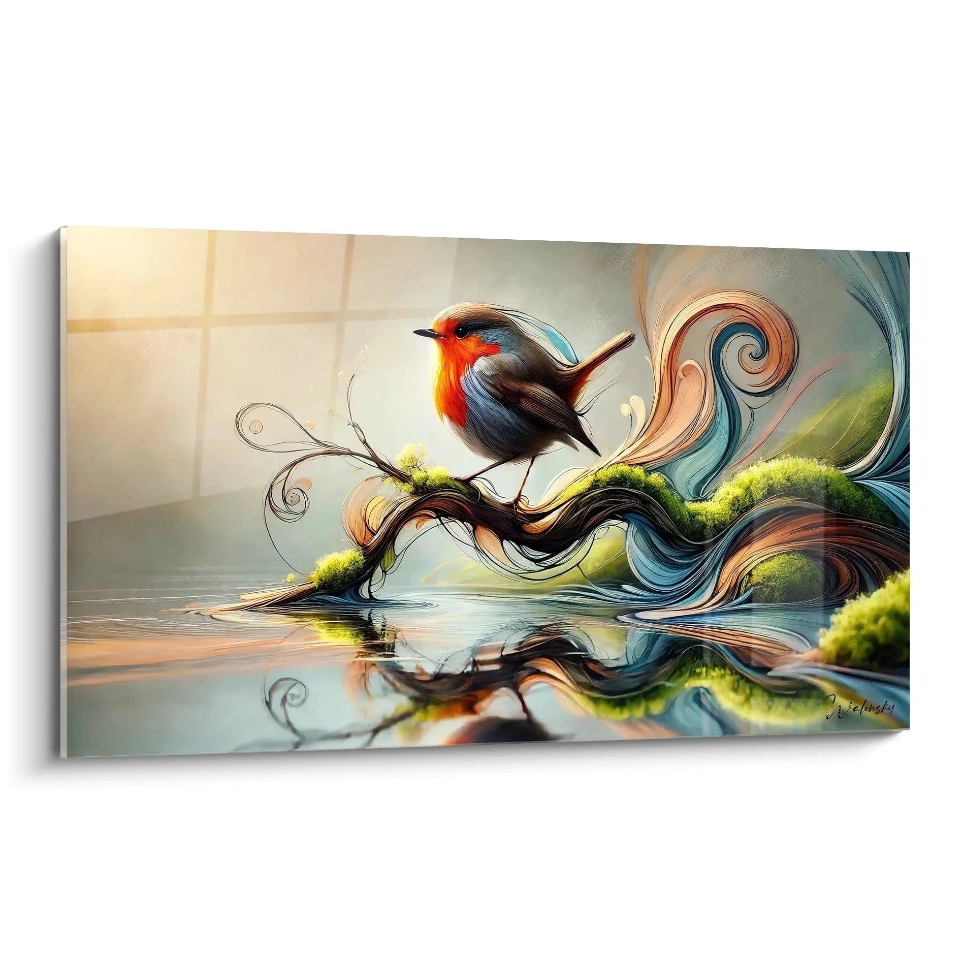 Wandbild Rotkehlchen abstrakt mit ornamentalen Elementen - Premium Vogel Wandkunst Edition Vogel