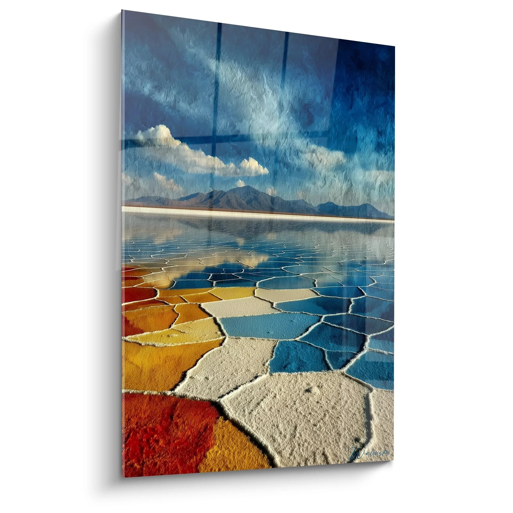 Wandbild Salzwüste mit bunten Polygonen und Bergpanorama - Edition Wüste XXL Wanddekoration