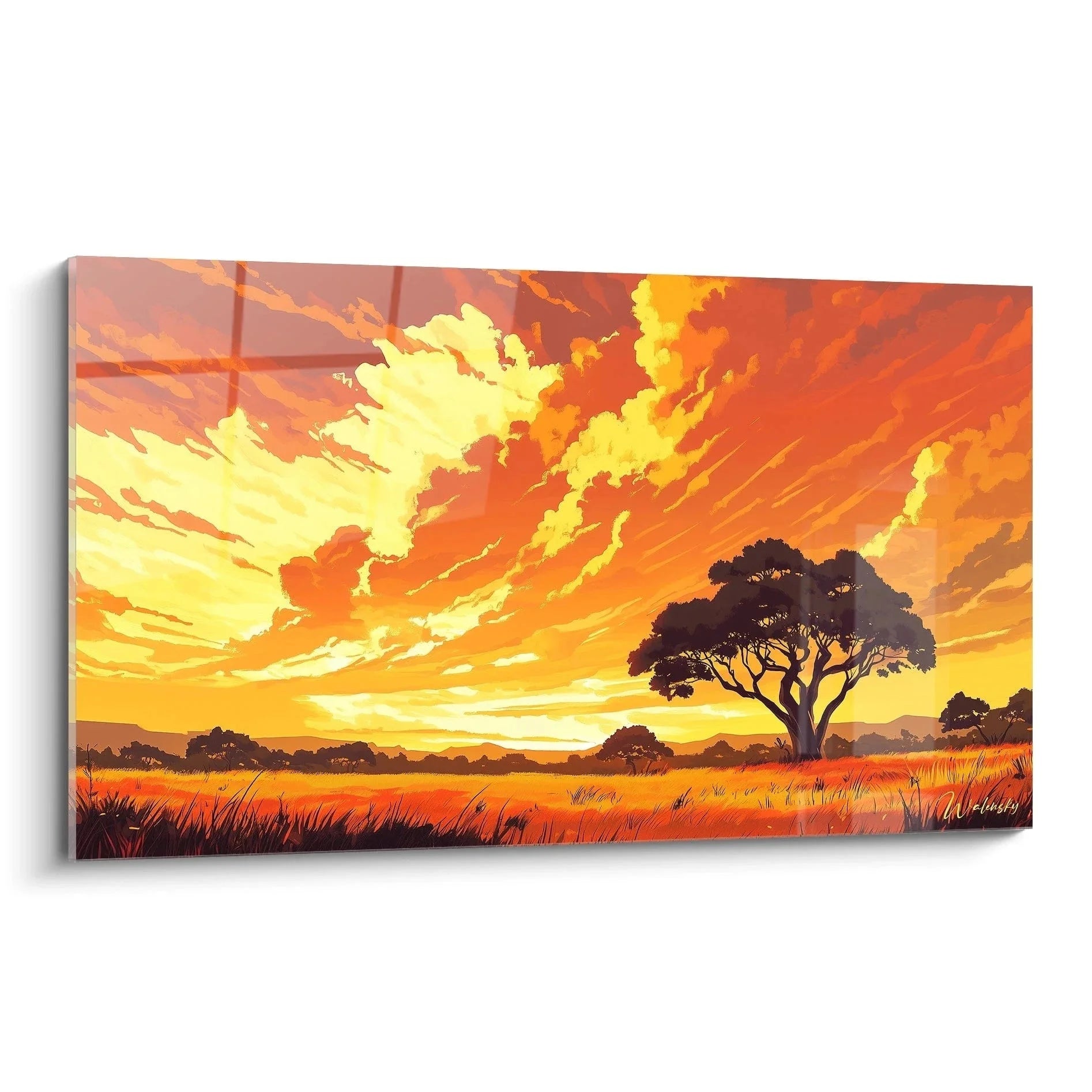 Wandbild Savanne Sonnenuntergang mit Akazienbaum und orange-gelbem Himmel Afrika Landschaftskunst