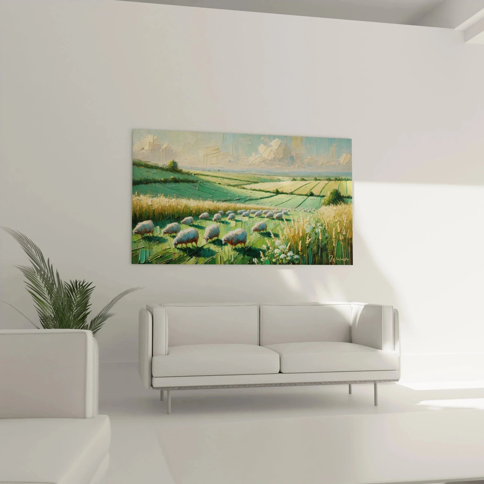 Detailansicht Wandbild Schafherde mit Weizenähren - Kunstdruck Landschaft Nahaufnahme